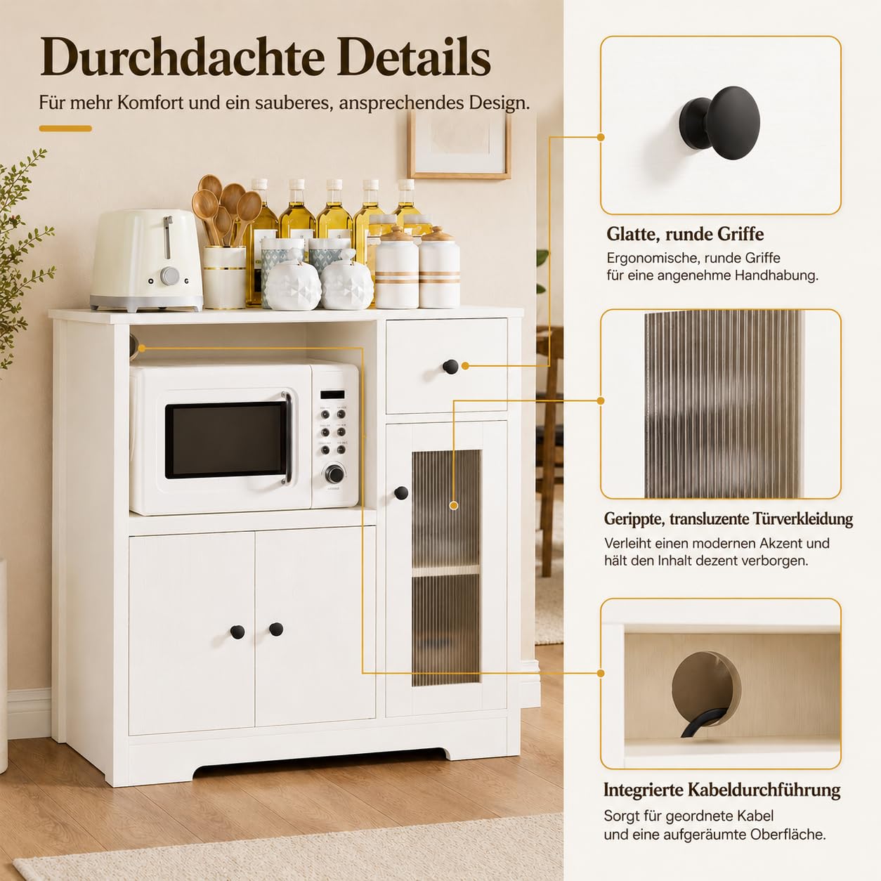 Yorbay Weiß Küchenschrank mit Arbeitsplatte und Mikrowellenregal: Sideboard mit 1 Schublade und 3 Türen für Küche - Mehrzweckschrank mit Kippschutz für Esszimmer Wohnzimmer