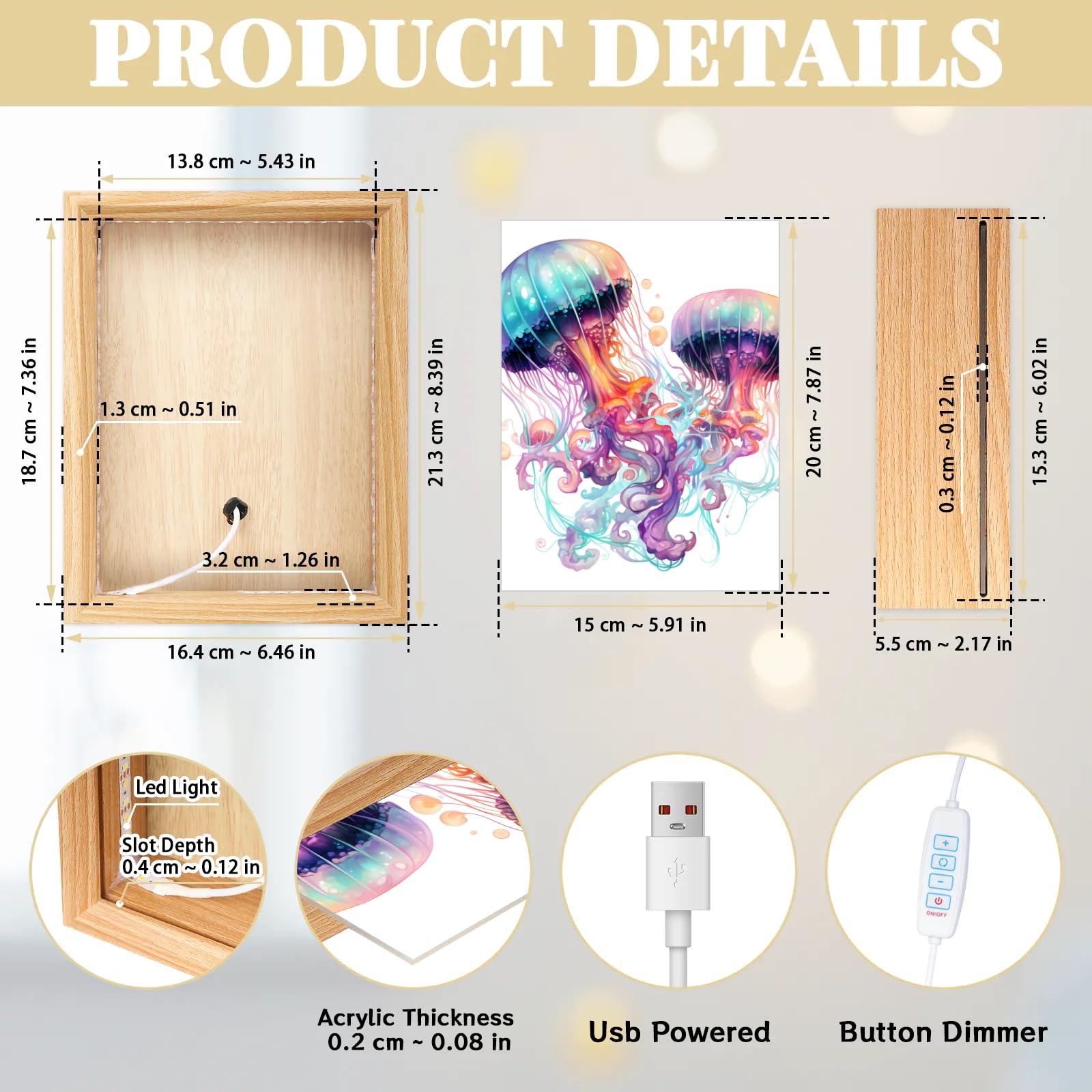 Light Up Painting, Watercolor Jellyfish Wall Art Picture Light Artistic Jellyfish Light Up Art Decor, 10 Brightness USB Powered 3 Lighting Modes, Anxiety Relief Gift for Bedroom Home-Without Frame