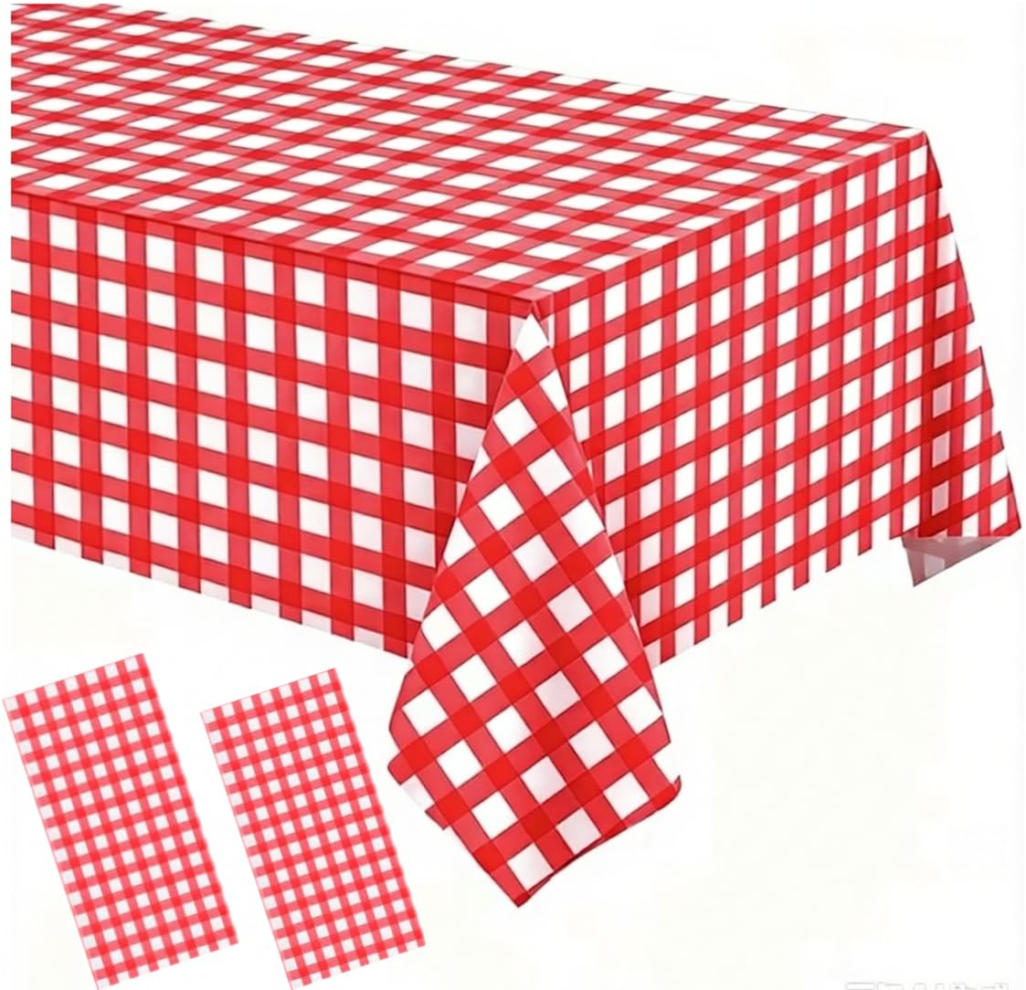 Vesmiga 2 Pack Red and White Gingham Tablecloth, 137x274cm Disposable Plastic Checkered Table Cover, Waterproof Tablecloth for Picnic, BBQ, Birthday Party and Garden Party