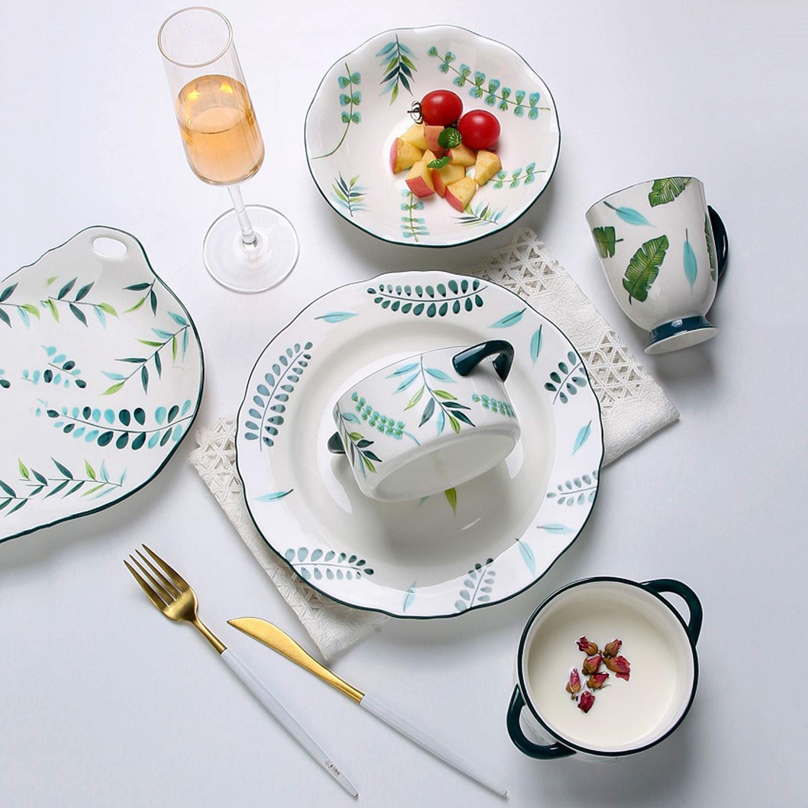 Talerze 14-częściowe ręcznie malowane rośliny Zestawy naczyń obiadowych Elegancki zestaw ceramicznych talerzy i naczyń Zestawy talerzy obiadowych w stylu wiejskim Zestawy talerzy obiadowych Talerze d