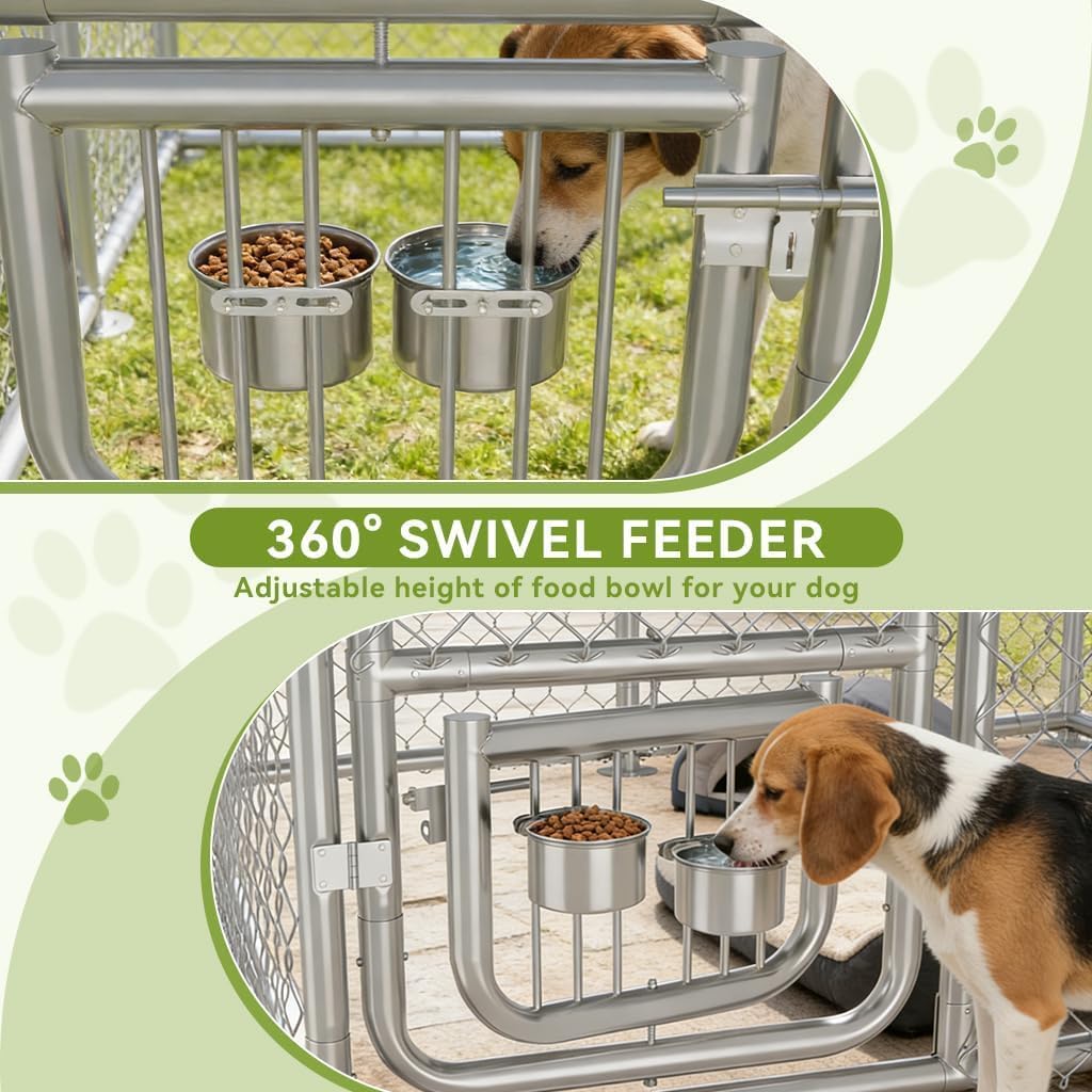 COMHOMA 10×10FT Outdoor Dog Kennel with Adjustable Bowls Feeder Heavy Duty Extra-Large Dog Enclosure with Roof & Lock All Weather Resistant for Medium Large Dogs