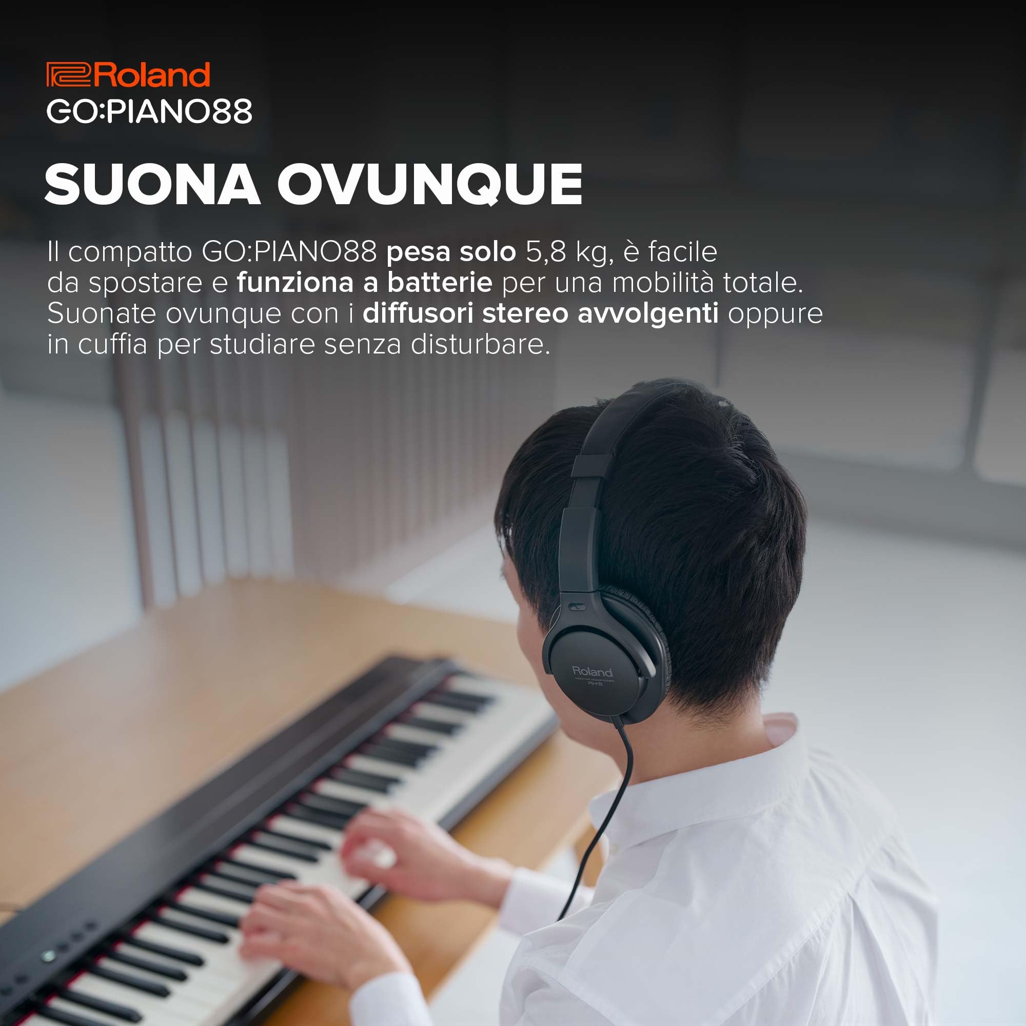 Roland GO:PIANO88 | Piano digitale portatile entry level a 88 tasti | Prestazioni superiori | Design leggero | Potenti funzioni didattiche | Funzionamento a batterie | Connettività Bluetooth e MIDI
