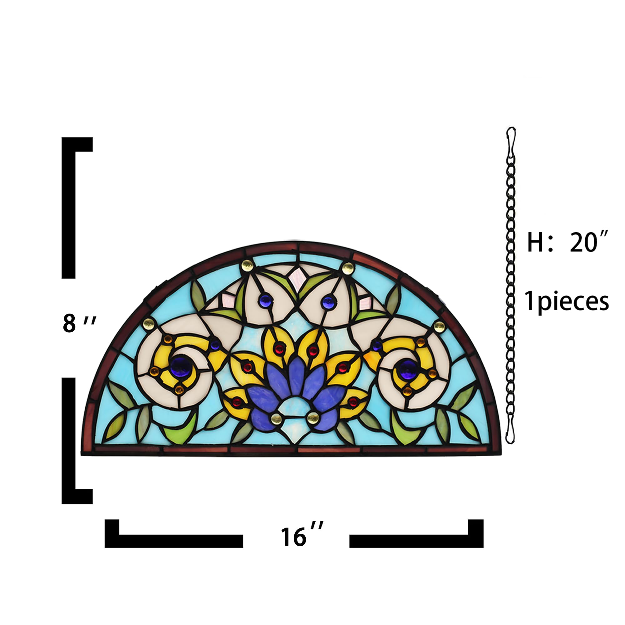 YOURANJU Halbmond-Buntglas-Fensterdekoration, Tiffany-Stil, 40,6 x 20,3 cm, halbrund, Einweihungsgeschenk, Wohnzimmer, Schlafzimmer, Küche, Fenster, dekorative Behänge mit Kette (Blume)