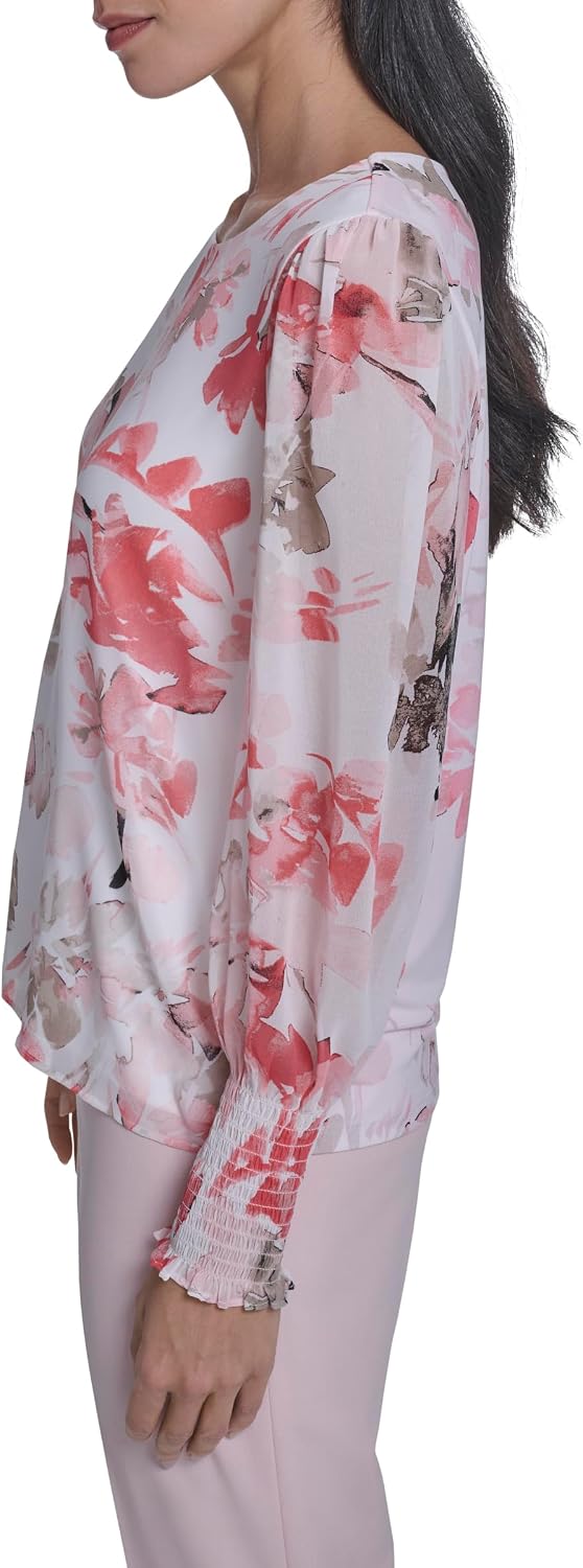 Calvin Klein Women's Mixed Media Long Sleeve Smocked Cuff Blouse