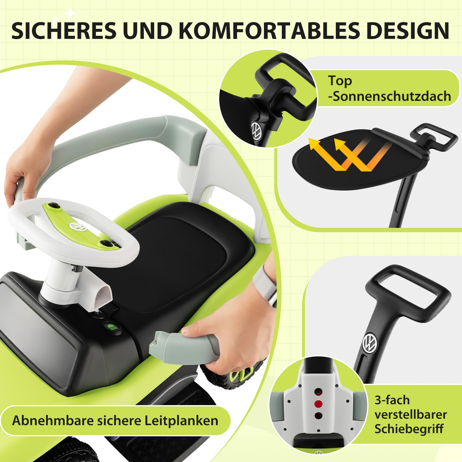 COSTWAY 3 in 1 Volkswagen Rutschauto, Schiebeauto mit verstellbarem Schiebegriff & Sonnendach, Rutschfahrzeug mit Musik & Hupe & Licht, Spielzeugauto für Kinder ab 1 Jahr