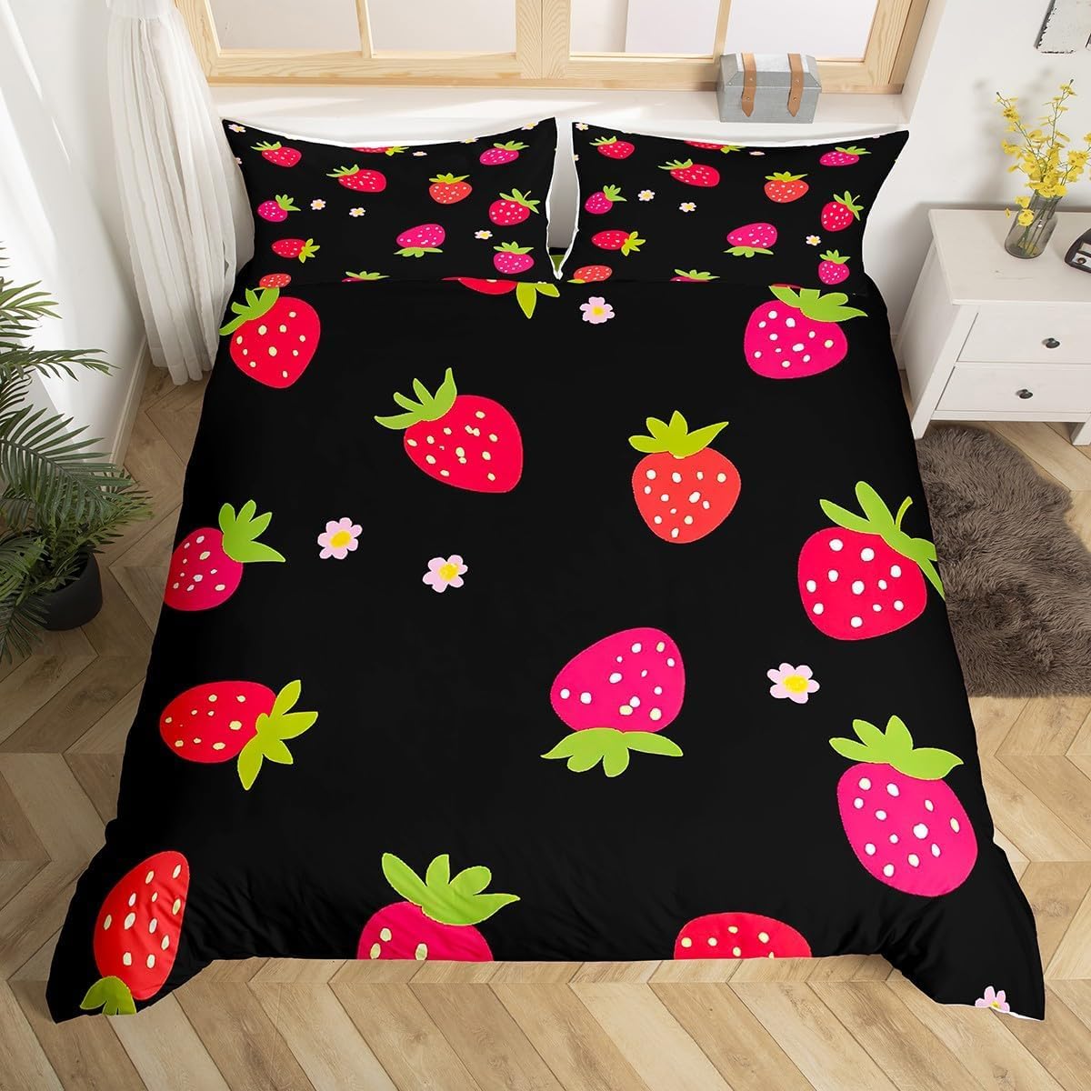 Poszwa na kołdrę 105 Truskawkowe owoce, Pościel Kawaii z mikrofibry z nadrukiem 3D Pokrowiec Edredon 200 x 200 cm z zamkiem błyskawicznym i 2 poszewkami na poduszki C-1335