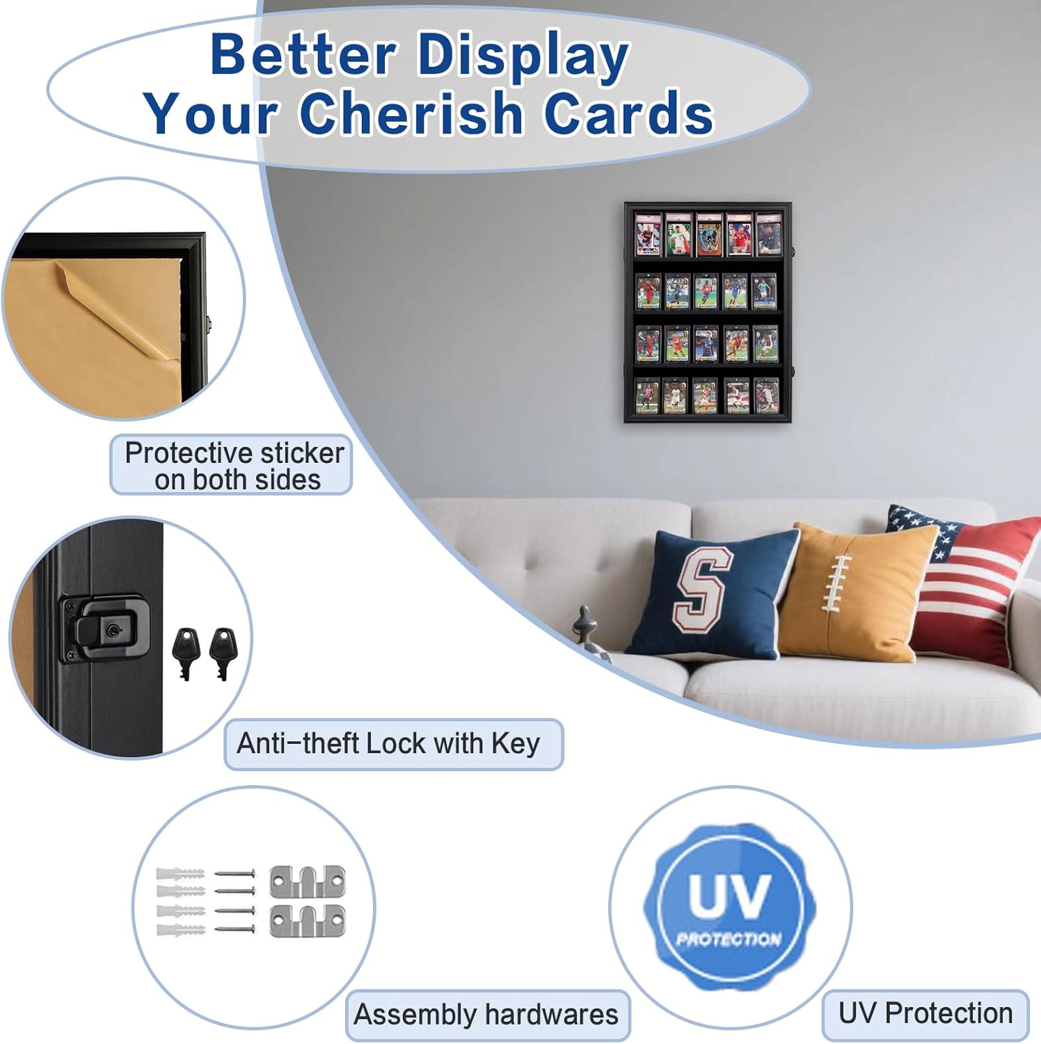 20 Graded Sports Card Display Case with UV Protection Lockable Wall Frame Cabinet for Basketball Football Baseball Hockey Trading Cards-Black Finish - Image 4