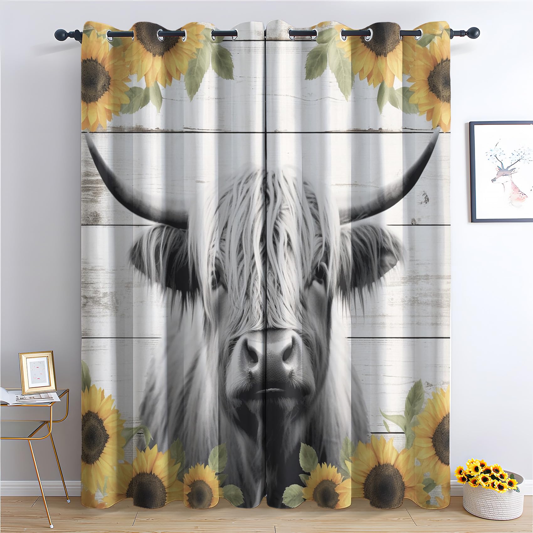 QEODAH Highland Cow Blackout Curtains for Bedroom - Rustic Farmhouse Animal Sunflower Living Room Curtains 46x90 Eyelet - Soft Thermal Insulated Patterned Drapes for Windows - 2 Panels