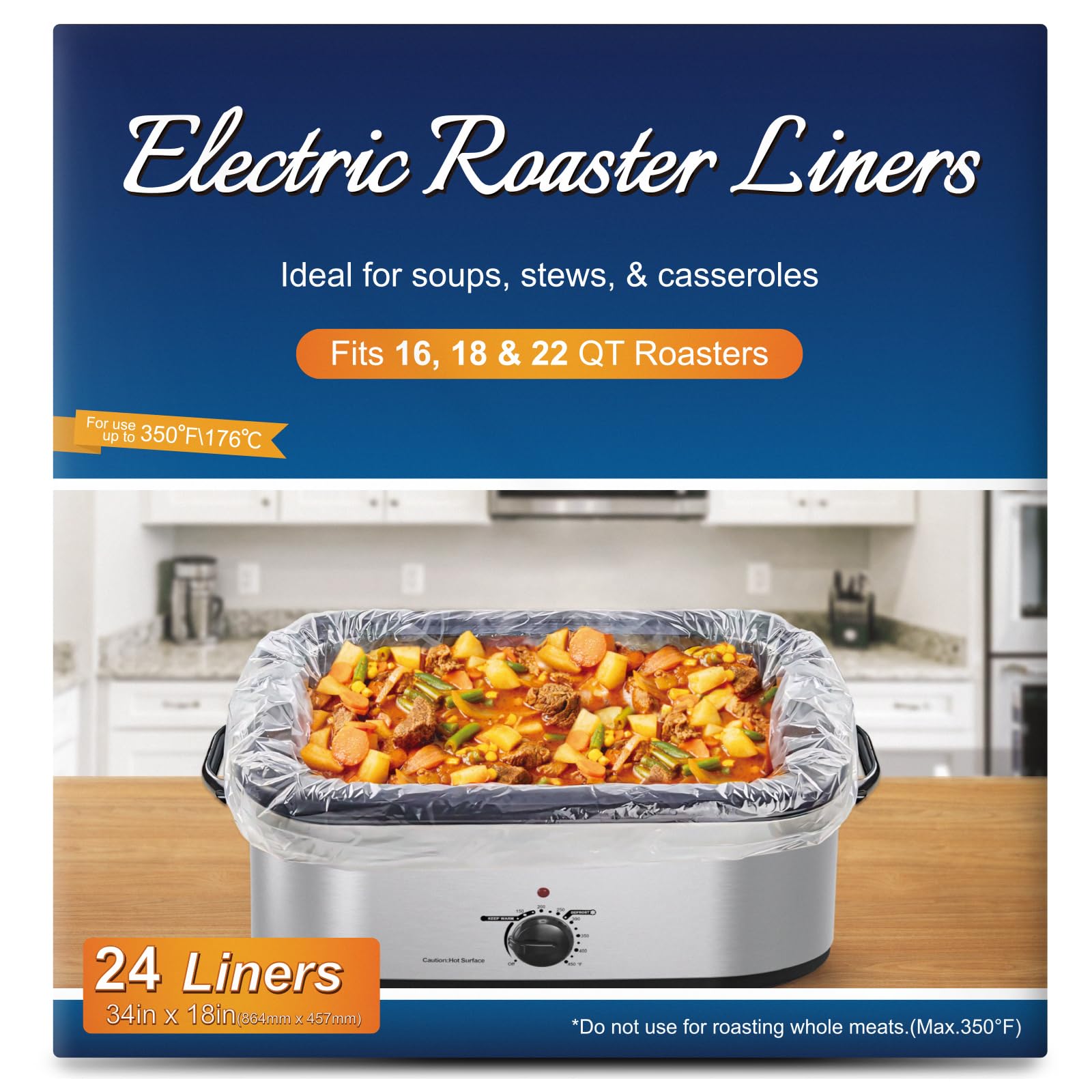 Electric Roaster Liners 24 Count, Disposable Plastic Cooking Bags for 16, 18, 22 Quart Roasters, Size 18 x 34 Inches