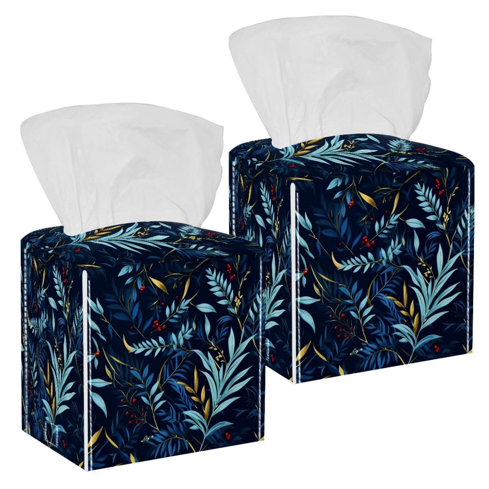 Leaf Tissue Box Cover, 2 Pack PU Leather Square Facial Tissue Dispenser Box holder for Home Office Car
