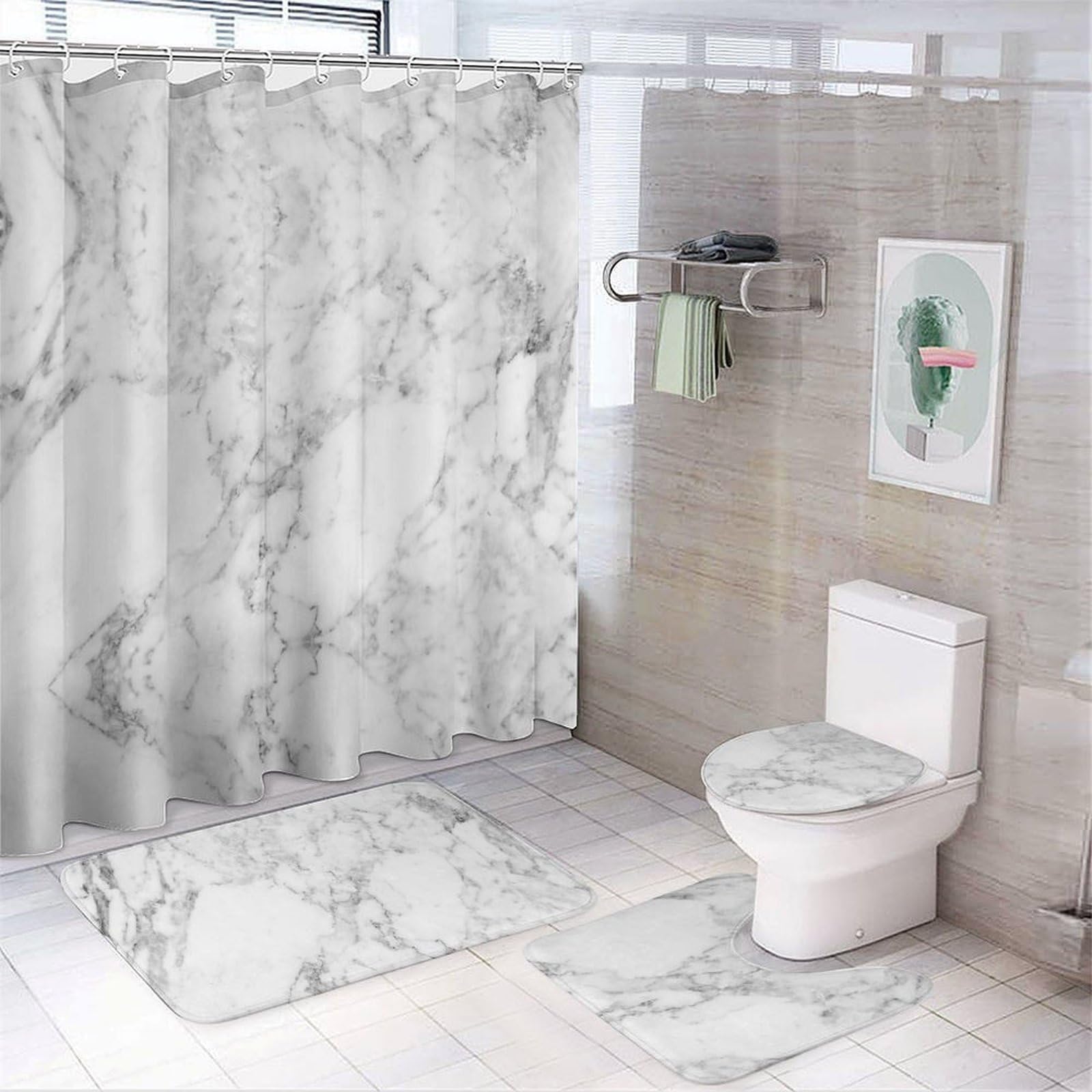 JZemdybill Bathroom Mat Set 4 Piece, Light Marble Shower Curtain with Non-Slip Bath Mats for Bathroom