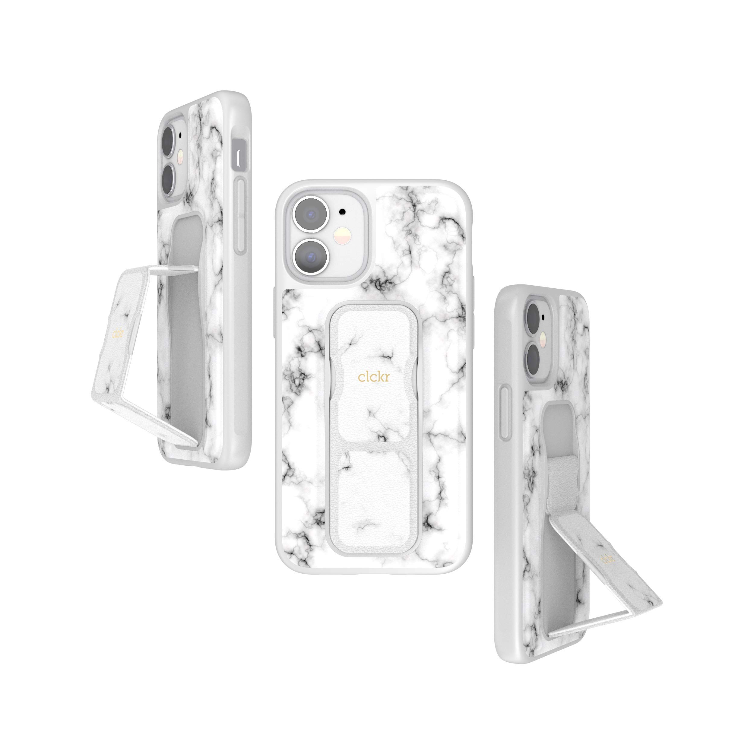 CLCKR Compatible with iPhone 12 Mini Case with Phone Grip and Expanding Stand, iPhone 12 Mini 5.4 Cover with Phone Grip Holder and Kickstand, Shockproof Design, Raised Edges, White Marble