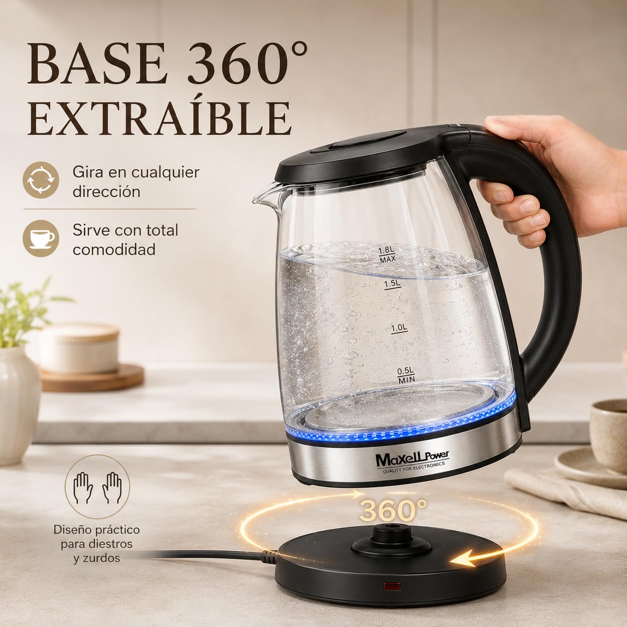 MAXELLPOWER HERVIDOR DE AGUA HERVIDORA ELECTRICA CAPACIDAD VIDRIO CRISTAL TEMPLADO 1500W LED FUNCIONAMIENTO APAGADO AUTOMATICO ACERO INOXIDABLE RESISTENCIA OCULTA DISPONIBLE 2 TAMAÑOS (1,8L)