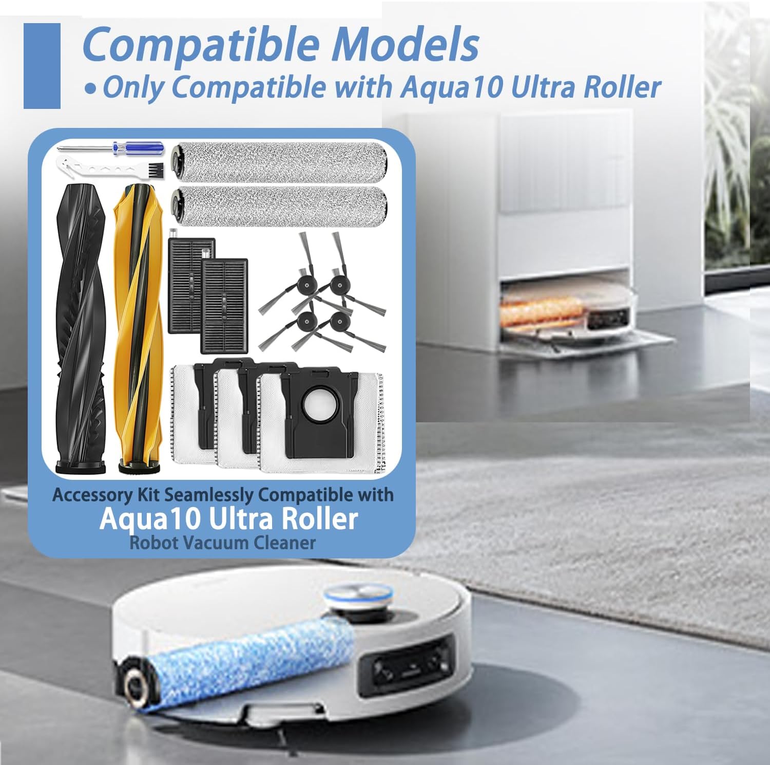 Replacement Accessories Kit Compatible with Dreame Aqua10 Ultra Roller Robot Vacuum Cleaner Parts 1 Main Brush 2 Roller Mop Cloth 2 HEPA Filter 4 Side Brush 3 Dust Bag