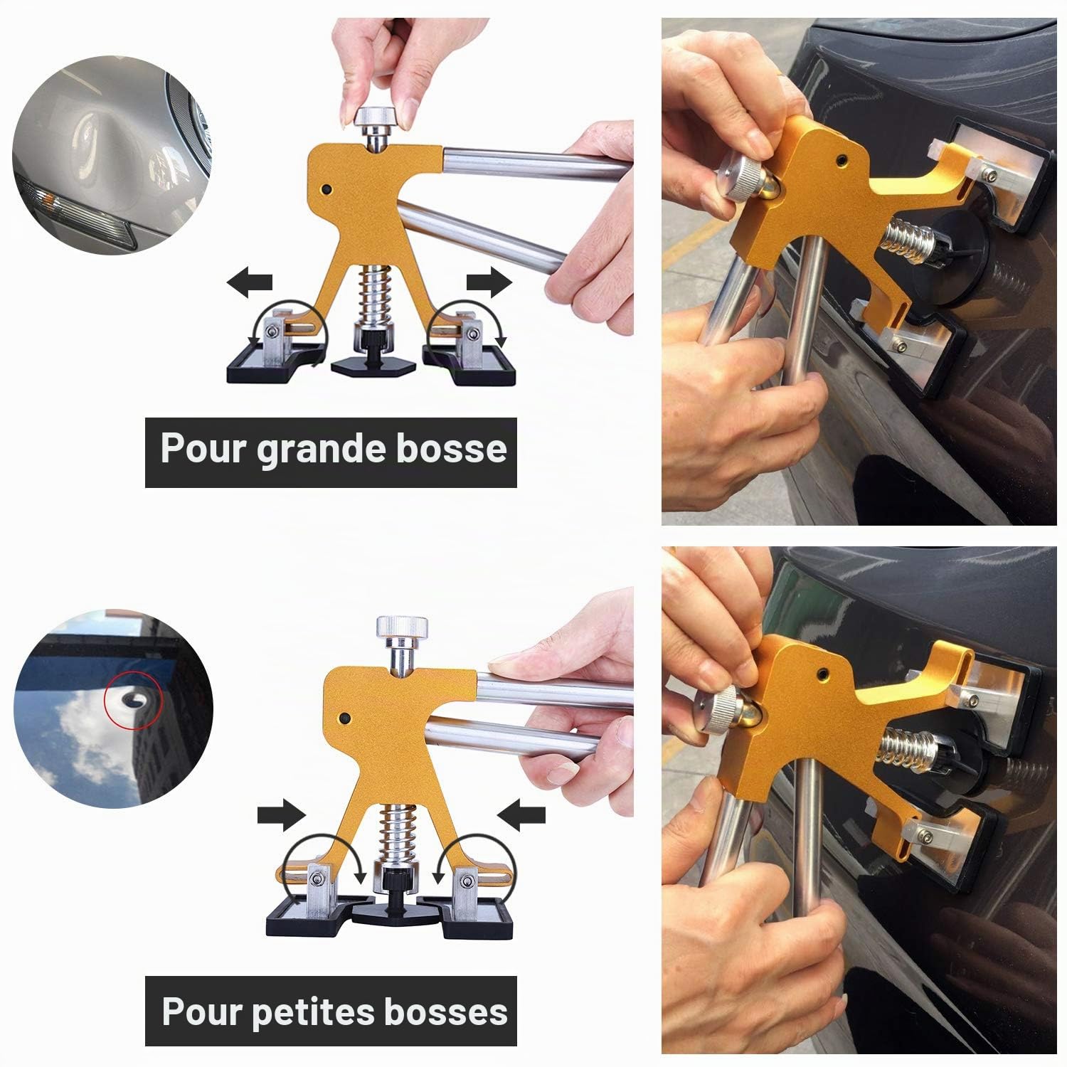 Manelord Kit de réparation de Bosses de Voiture - Largeur réglable - Levier doré - Marteau à inertie et extracteur de Pont en métal - pour enlever Les Bosses de véhicule