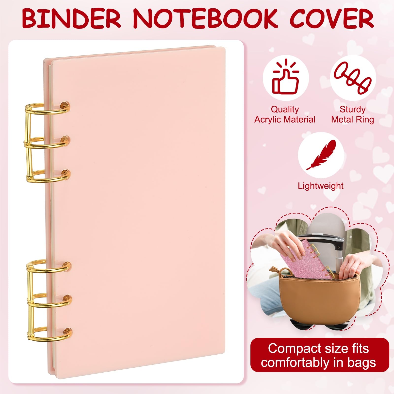 PATIKIL 6 Ring Binder Notebook Cover, A6 Acrylic Binder Notebook 2 Gold Metal Round Rings with 90 Sheets Dot Inner Papers for Travel Office Planner Budget, Light Pink - Image 3