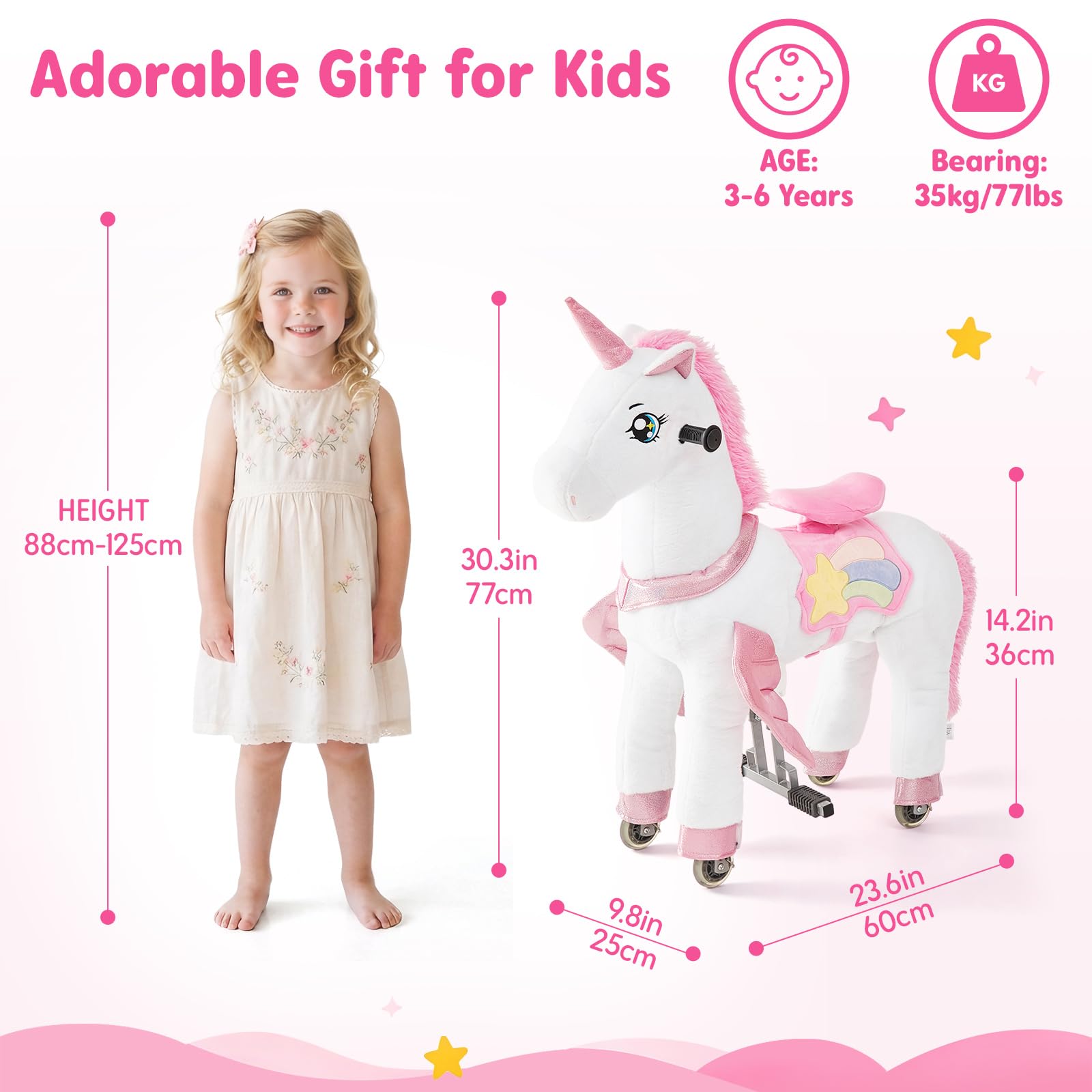 FUNLIO Unicornio Montable para Niños 3–6 Años, Juguete Montable de Peluche con Ruedas para Juego Interior y Exterior, Fácil de Montar, Certificado CPC & CE – Pequeño