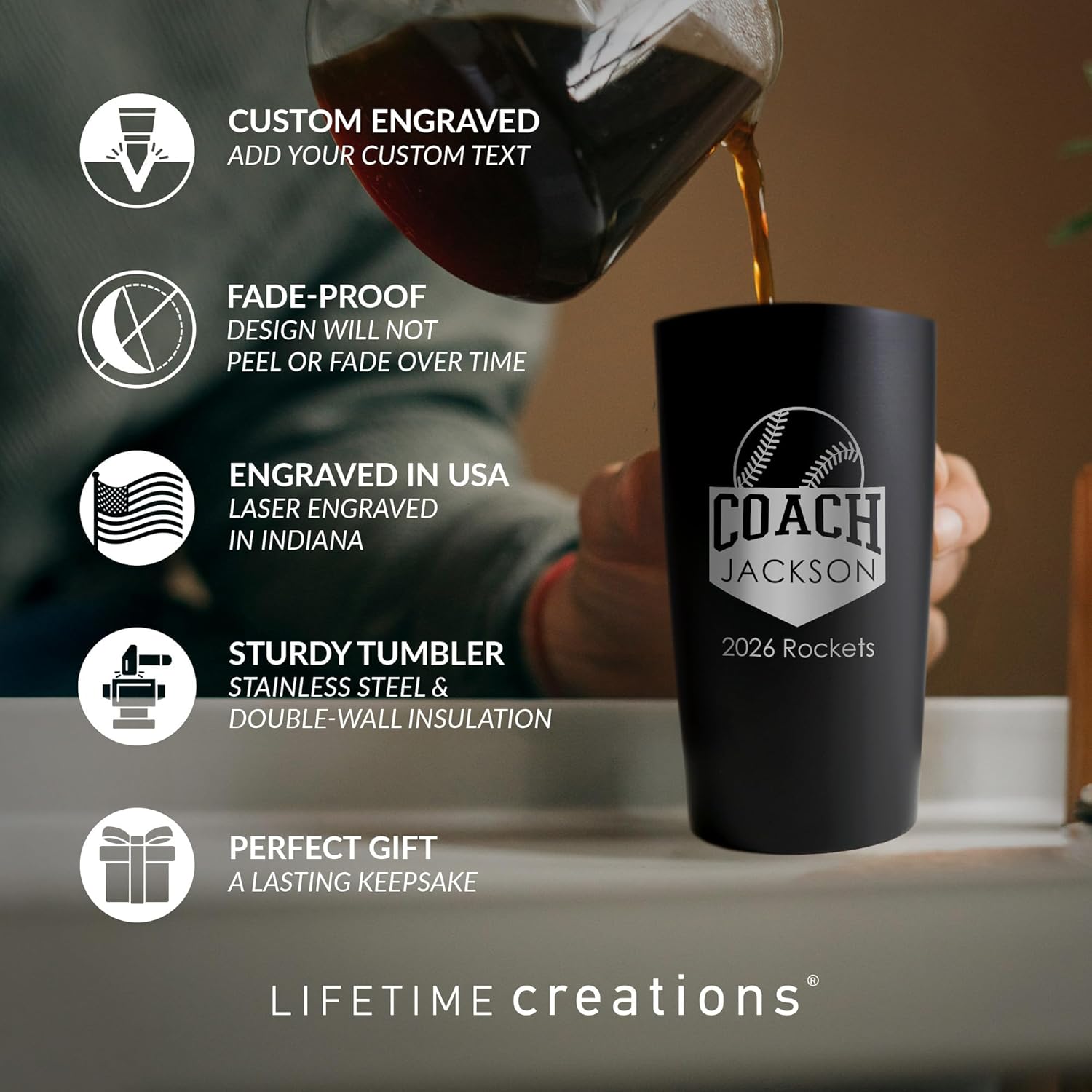 Lifetime Creations Custom Baseball Coach Tumbler - Baseball Coach Gifts for Men, Best Coach, Thank You Coaches, Baseball Senior Night Gifts (Matte Black 20 Ounce Cup)