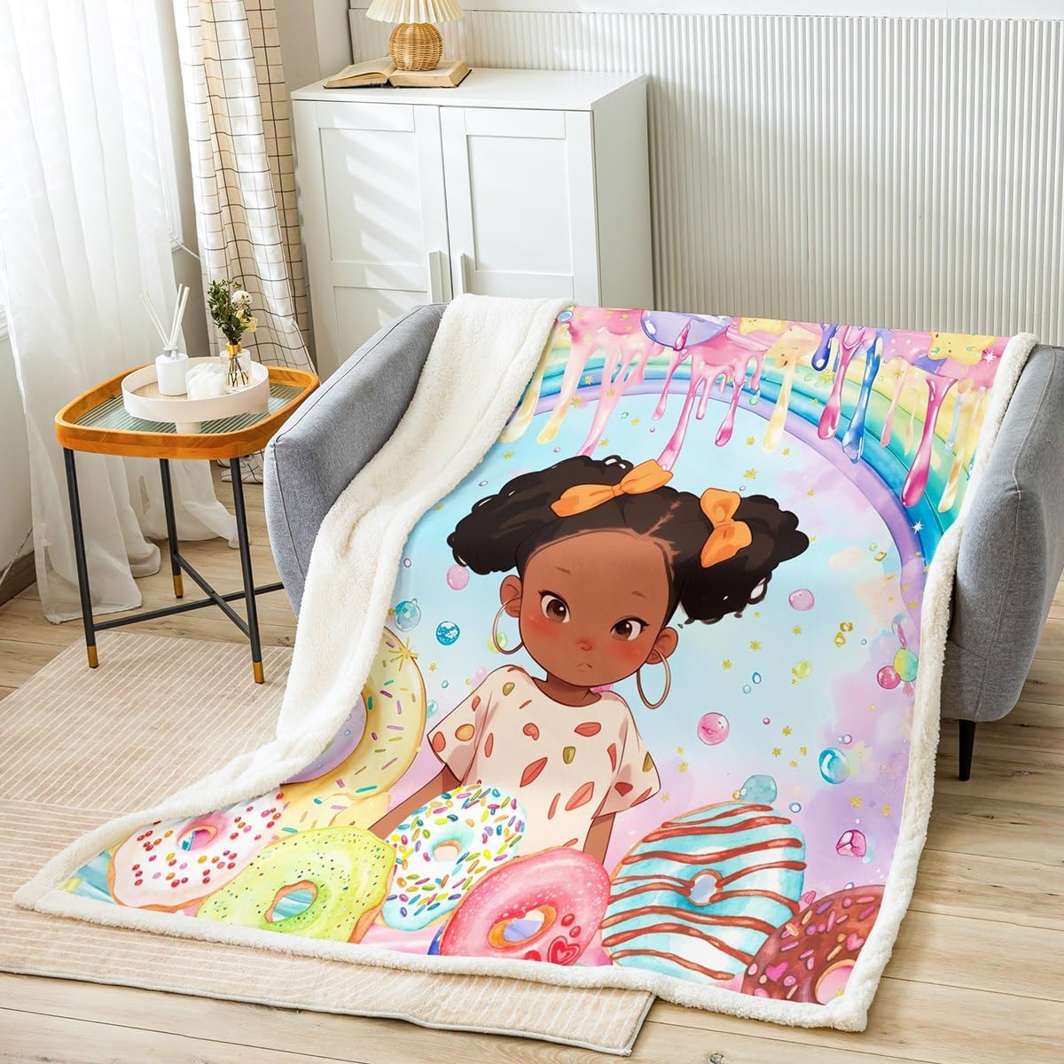 Kawaii Girl Flannel Blanket,Colorful Donuts Dessert Themed Black Fuzzy Blanket for Children Present,Rainbow Cream Print American Style Polyester Throw Blanket for Couch, Twin Size (60 x 80 Inch)