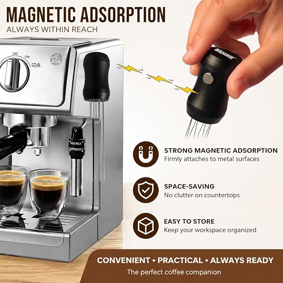 Magnetic Espresso Distribution Tool - Flick WDT Tool with 8x0.4mm Stainless Steel Needles & 3 Extra Replacements, Precision Espresso Distributor for Baristas (Black)