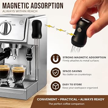 Magnetic Espresso Distribution Tool - Flick WDT Tool with 8x0.4mm Stainless Steel Needles & 3 Extra Replacements, Precision Espresso Distributor for Baristas (Black)