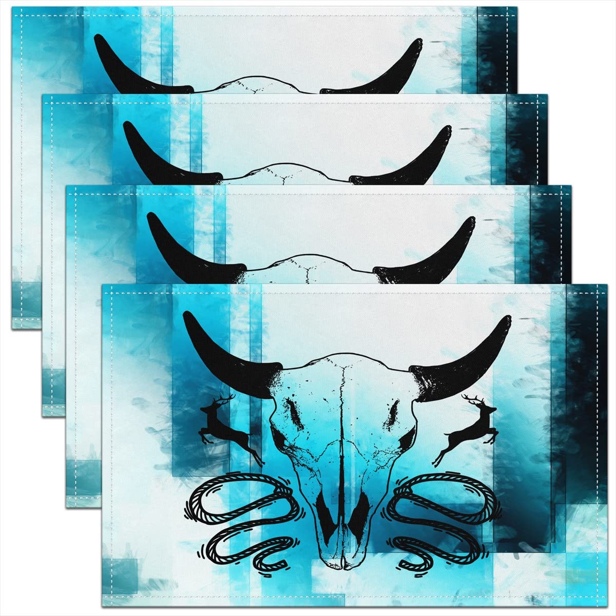 Cow Skull Placemats Set of 4, Rustic Western Deer Placemats 18x12 inch, Modern Abstract Art Washable & Durable Table Placemats, Indoor/Outdoor Use Table Mats