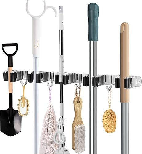 HANZENMA Soporte de pared para escoba, organizador de escoba de acero inoxidable y colgador de trapeador, organización de almacenamiento resistente