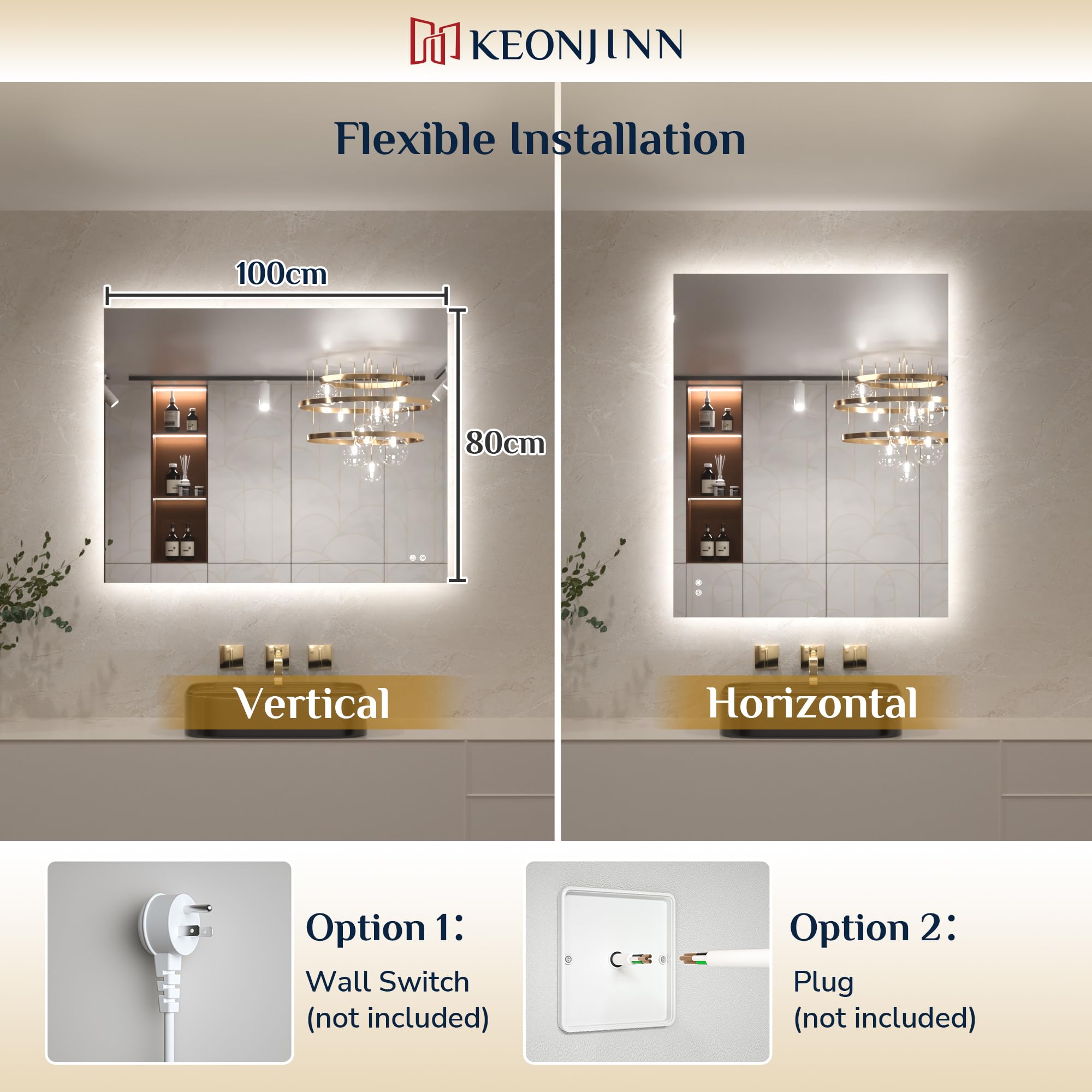Keonjinn 100x80cm Miroir LED Salle de Bain avec Eclairage, Miroir Carré Rétroéclairé Antibuée, 3 Couleurs Lumière, Gradable, Mémoire, Verre Trempé IP44 Étanche, Horizontal/Vertical