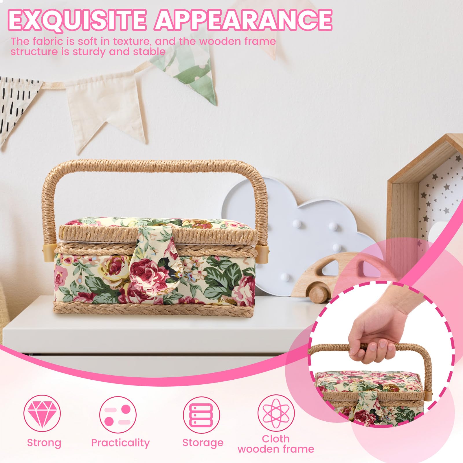 Sewing Box with Tray and Pin Cushion, Sewing Basket, Large Capacity Sewing Basket Organizer with Inside Pocket, Multifunctional Sewing Supplies Basket for Needles Thread Tape Measure Scissors (flower)