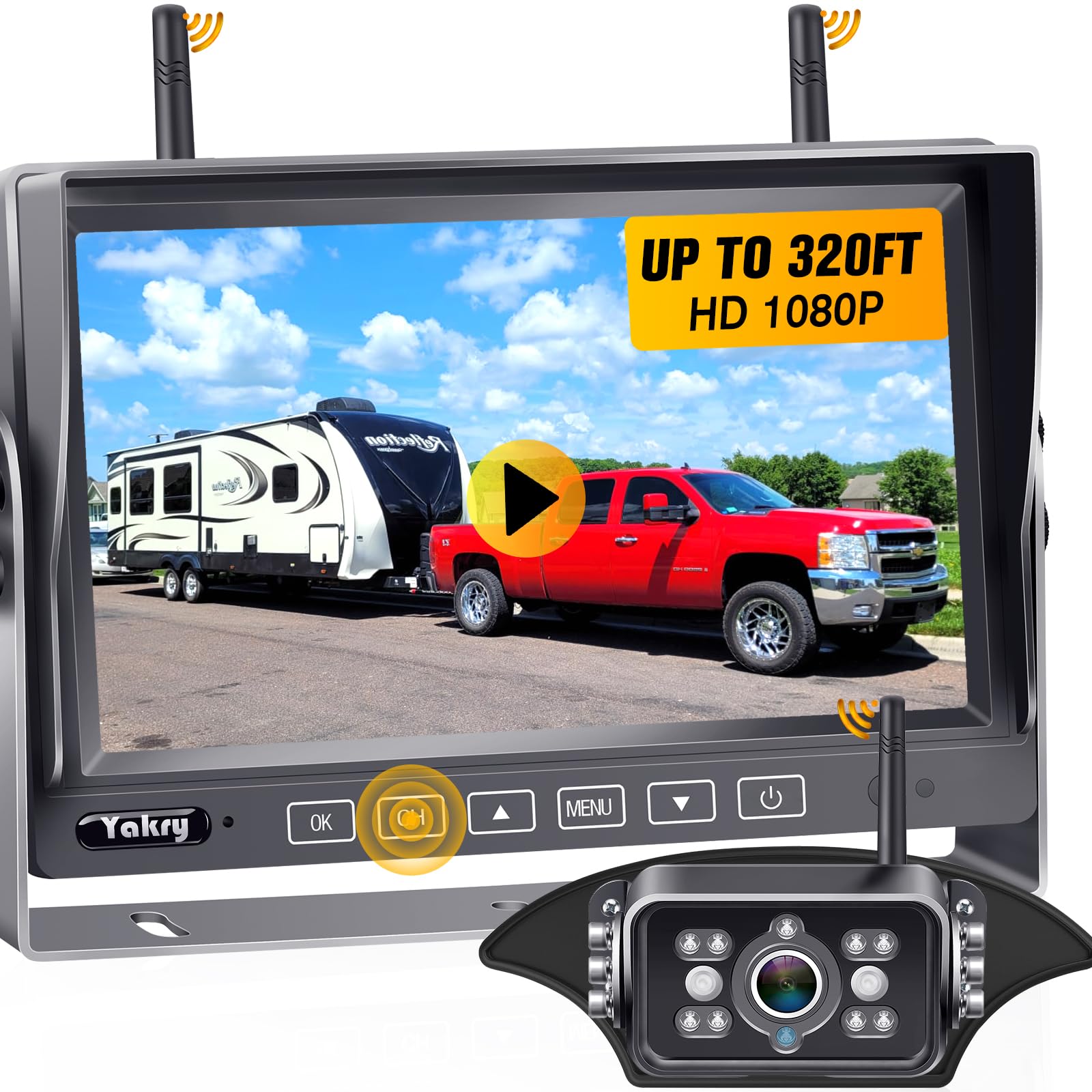 RV Backup Camera Wireless Pre-Wired Mount for Furrion - Clear Picture Plug and Play Dual Signal DVR Rear View Camera 7'' Touch Key Monitor 4 Channels for Camper Trailer 5th Wheel - Yakry Y31