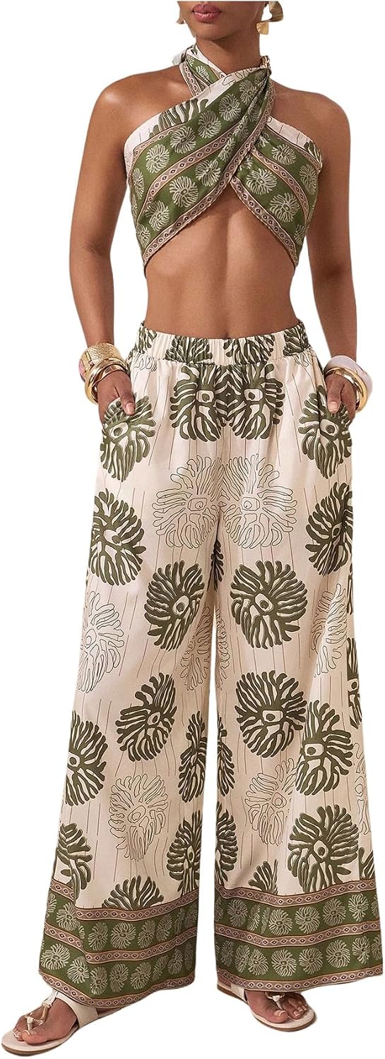 Floerns Women's 2 Piece Outfit Tropical Bow Cropped Tube with Summer Wide Leg Pants Set