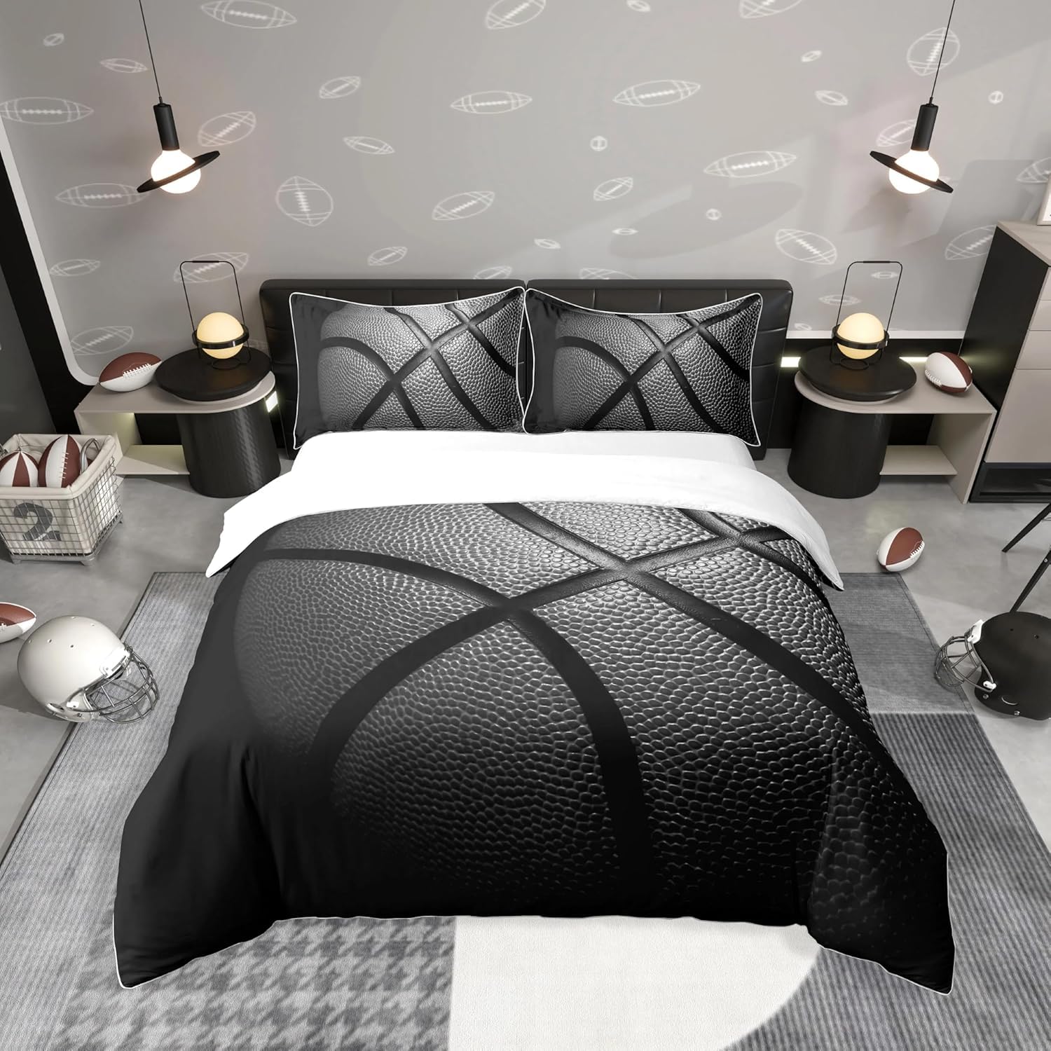 Tbrand Funda de edredón Baloncesto Negro King 3D Colecciones Deportivas Funda de edredón para niños,Ultra Suave,3 Piezas,Cool Boys Young Comforter Cover Sets (1 2 Fundas de Almohada