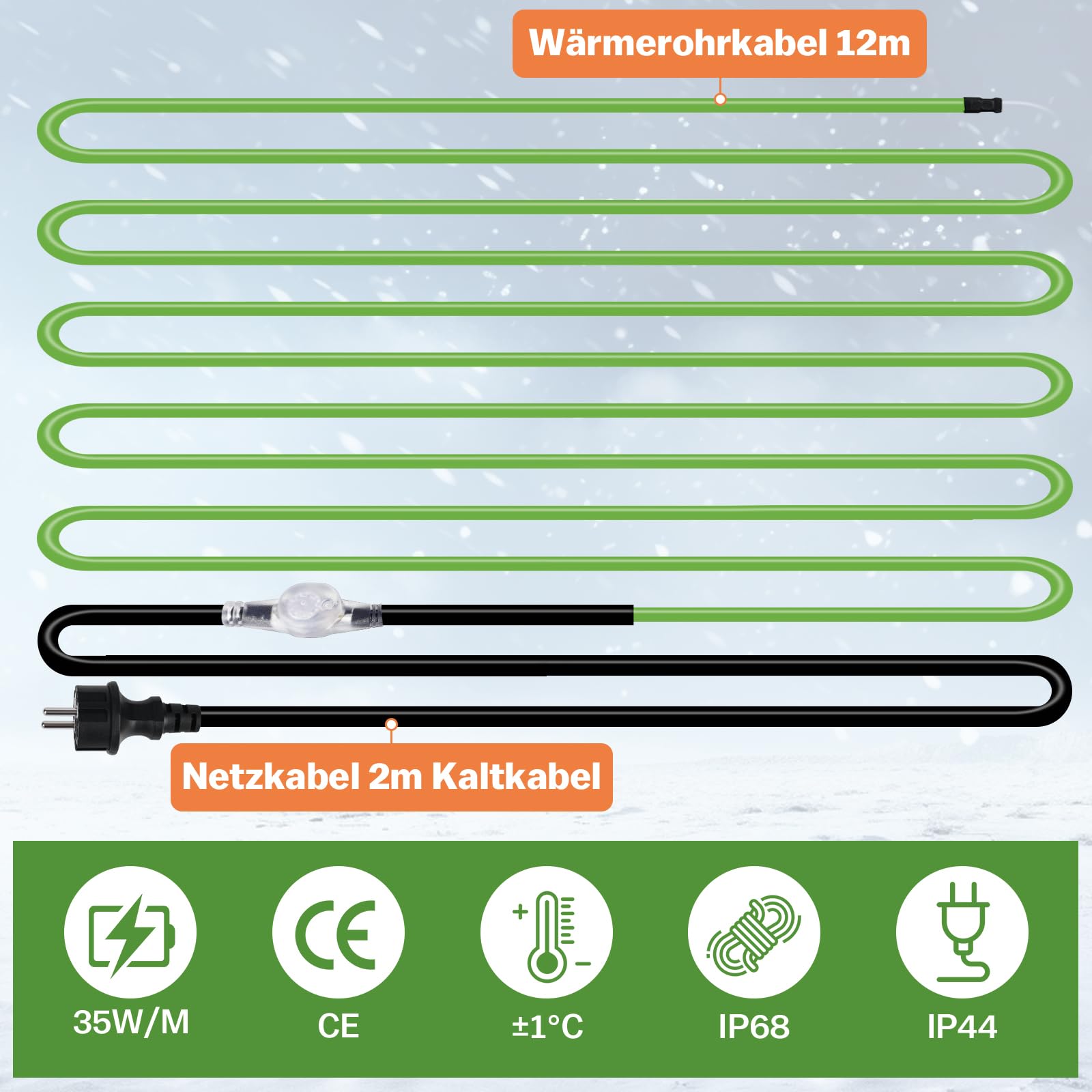 Câble chauffant de 12 m avec thermostat, 35 W/m, autorégulant, antigel, avec voyant lumineux, pour conduites d'eau chauffantes par transfert thermique, pour gouttières et abreuvoirs Willow, IP68