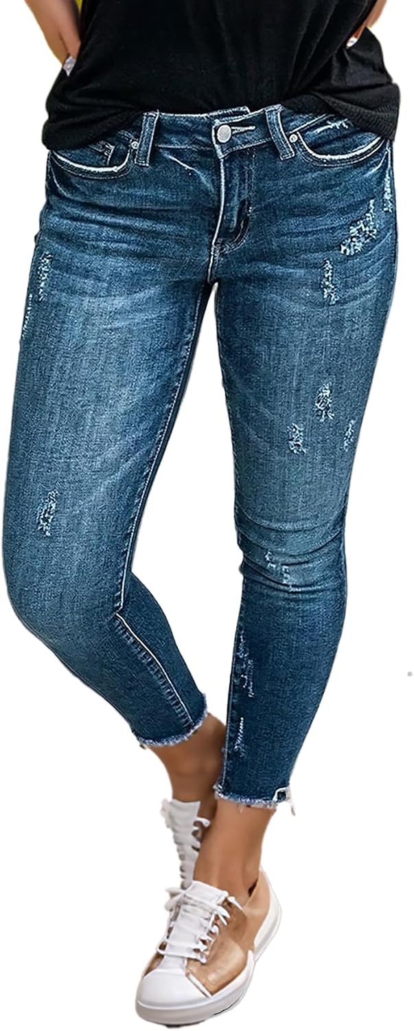 Flamingals Mid Rise Crop Skinny Jeans for Women Wash Ripped Raw Hem Butt Lifting Denim Pants
