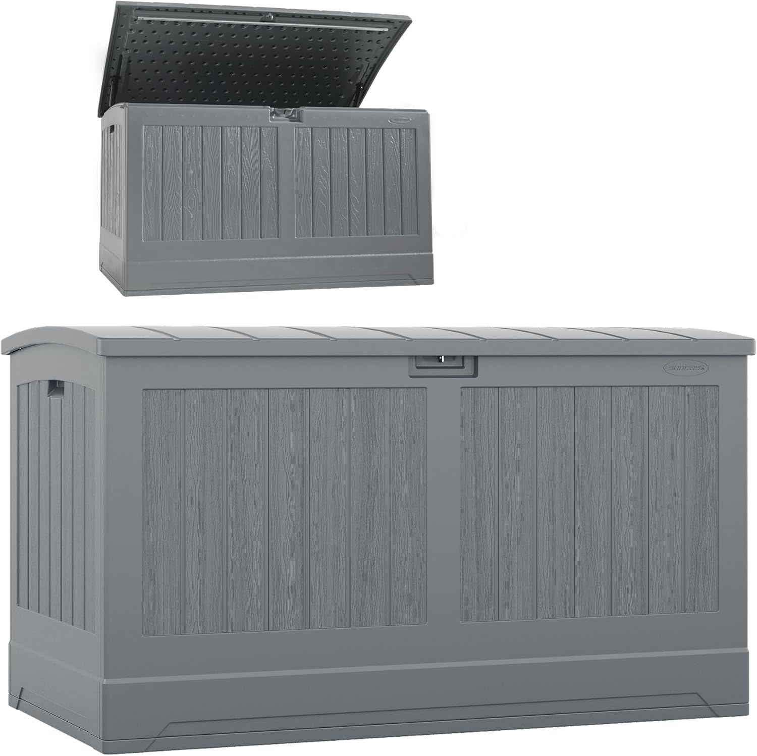 Suncast 200 Gallon Weatherproof Deck Box - Lockable Lid, Made in USA, Extra Large Patio Storage in Dove Gray