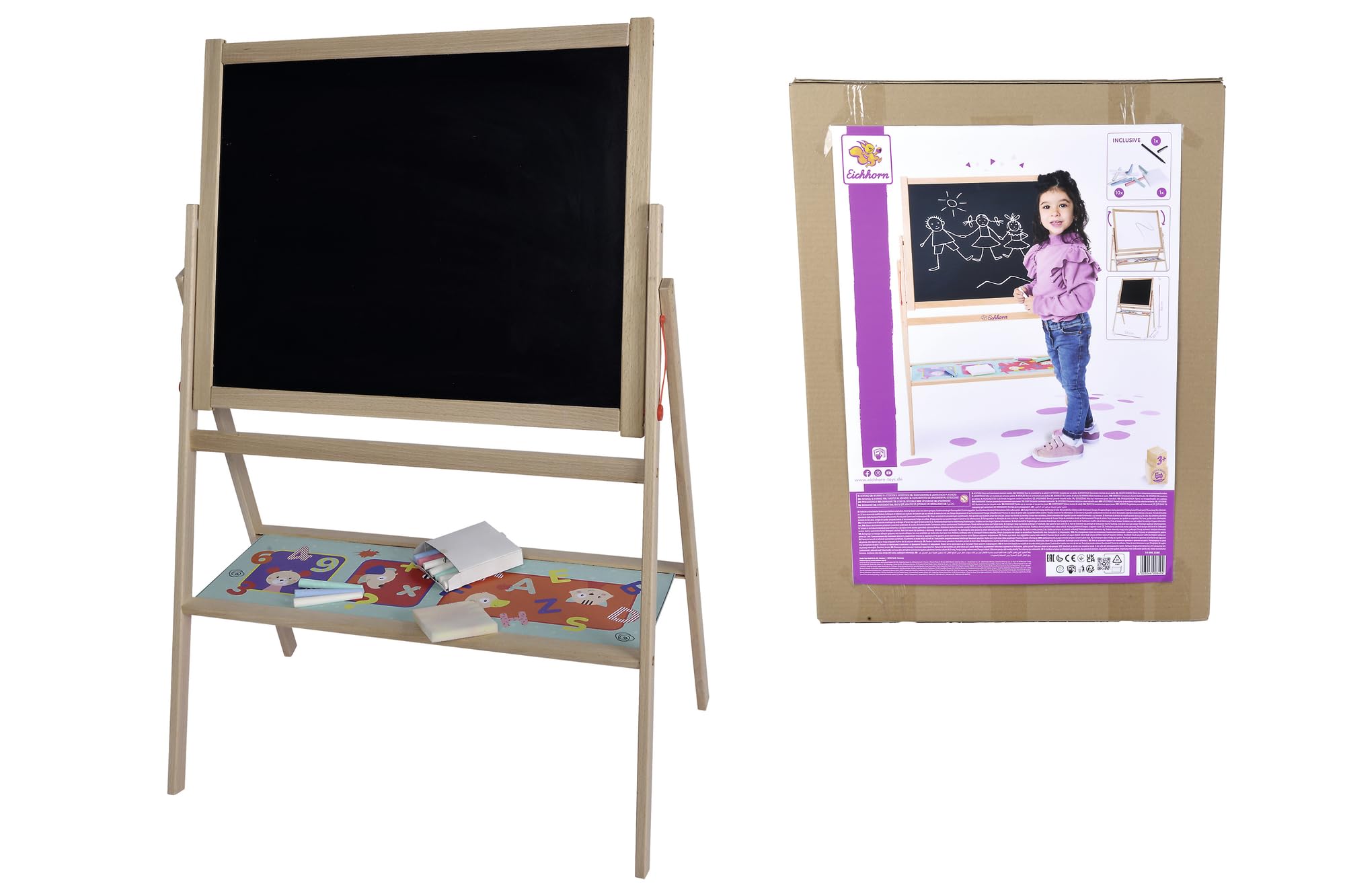 Eichhorn - Standtafel, Kindertafel mit 10 Kreiden, 1 Stift und Schwamm, zweiseitig beschreibbar, mit Ablage, drehbar, 13 teilig, 58x86 cm, aus Buchenholz, ab 3 Jahren, Bunt, 100002588