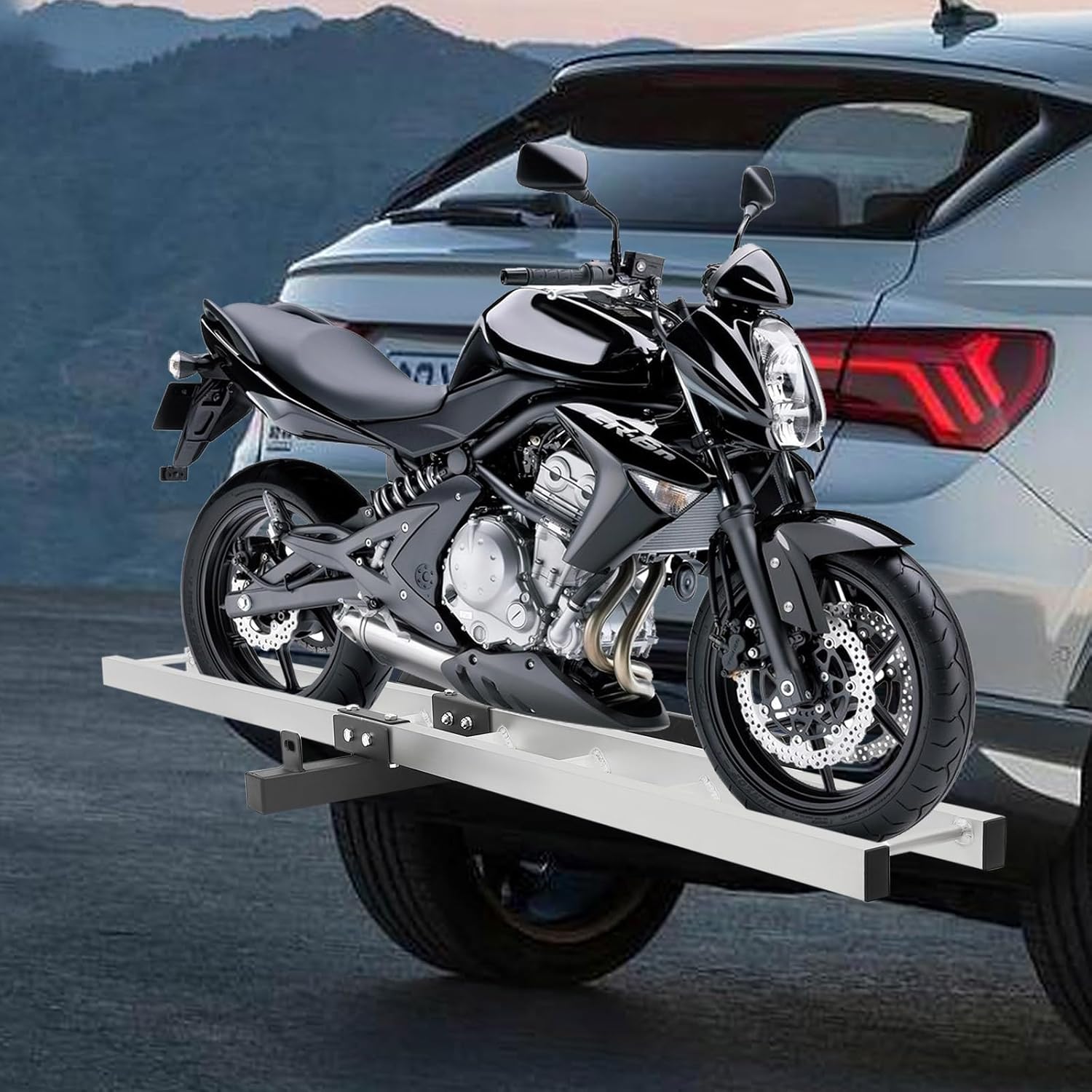 Heavy Duty Aluminum Motorcycle Carrier - 450 LBS Capacity Hitch Mount with Ramp for Cars & Trucks - Perfect for Transporting Motorcycles Safely