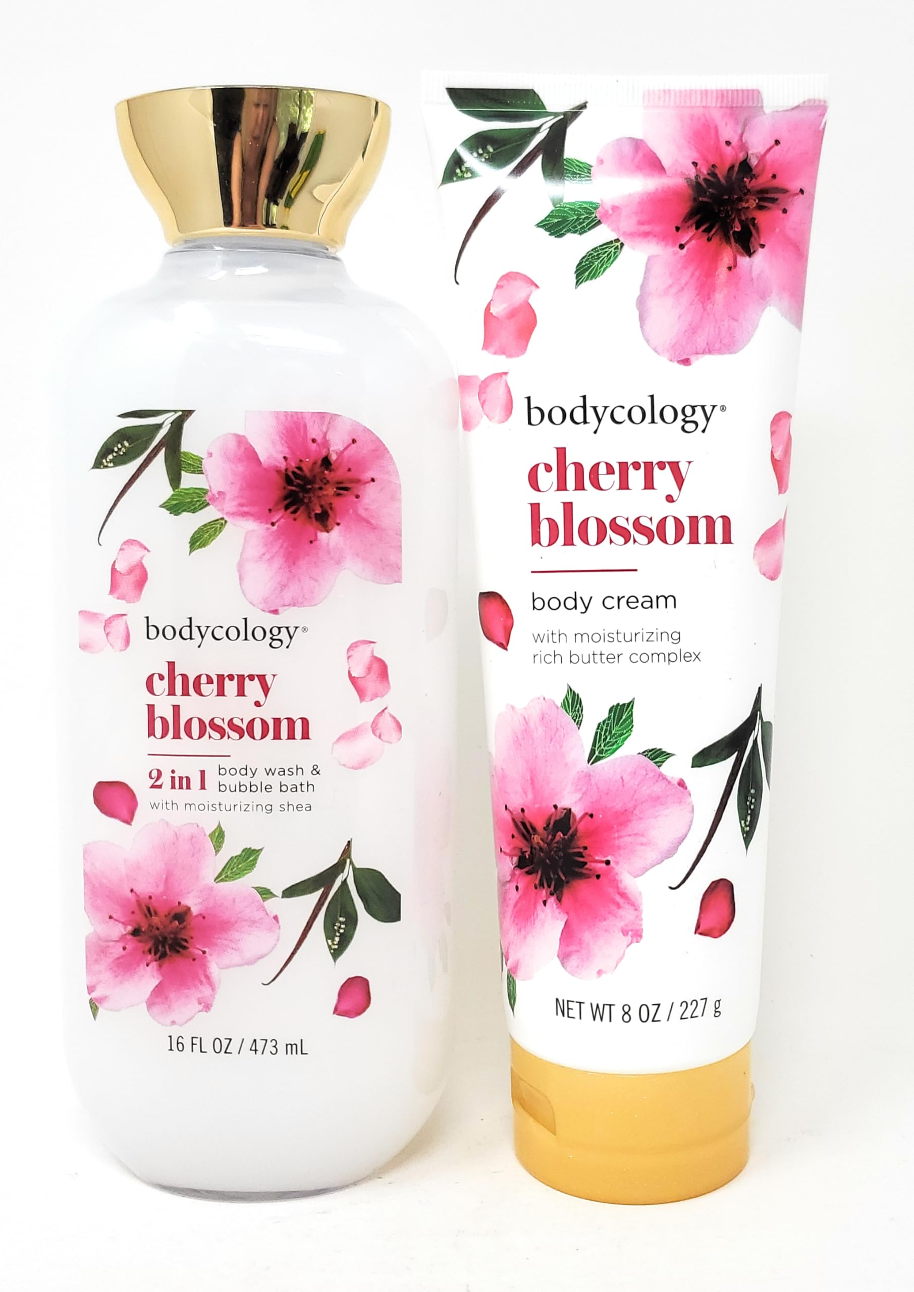 Cherry Blossom 2 in 1 Body Wash & Bubble Bath 16 fl oz & Cherry Blossom Butter Body Cream 8 oz (Pack of 2)