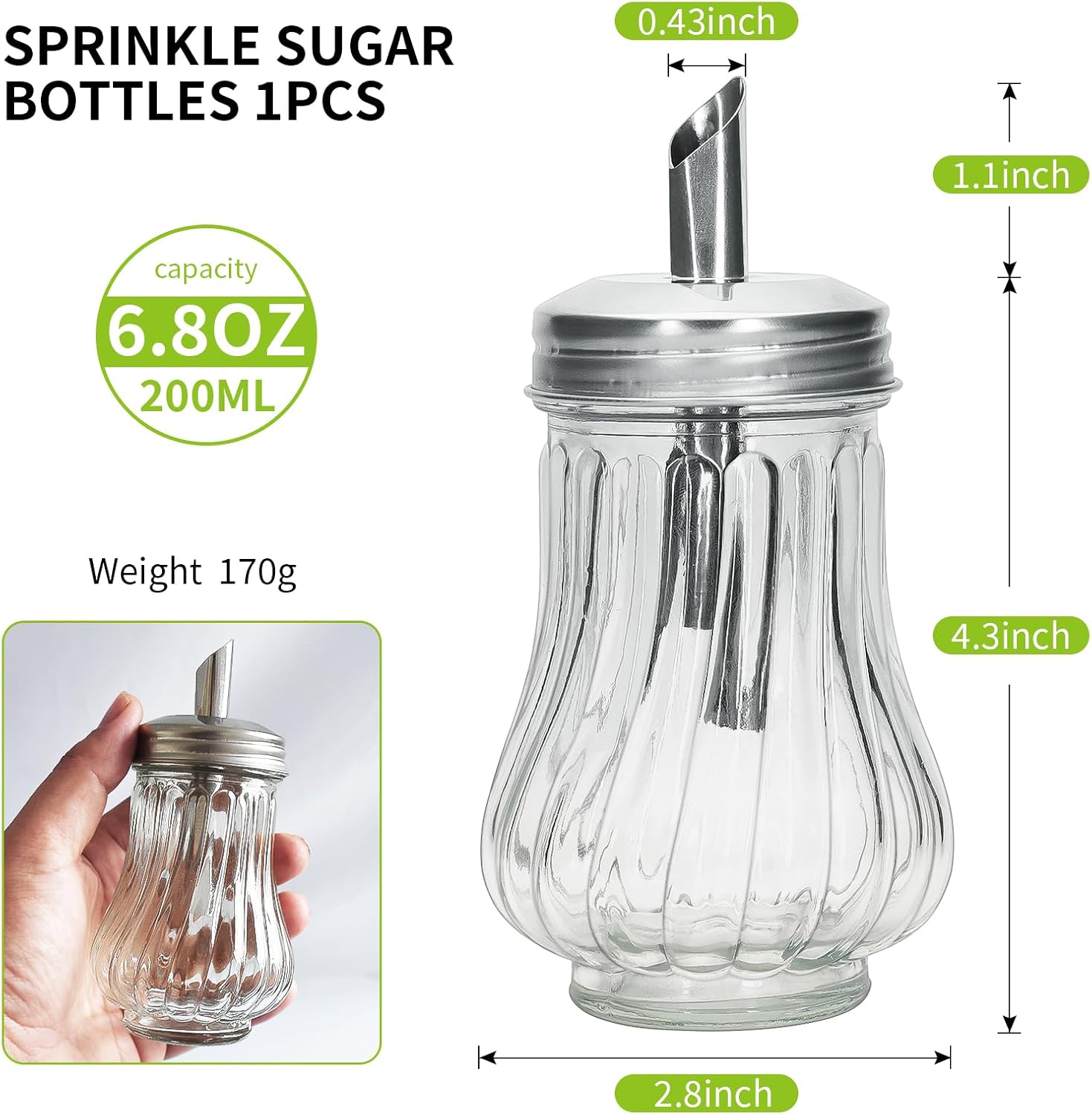 1PC 6.8 oz Glass Sugar Dispenser Durable Stainless Steel Pour spout, Sugar Shaker for Coffee Bar,Tea & Baking, Commercial Quality Sealed Sugar Container for Sugar, Honey (1, 6.8oz)