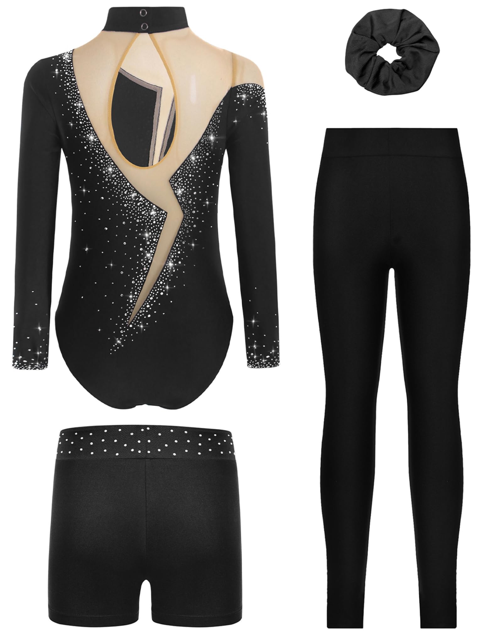 Piezas Traje Gimnasia Niñas Con Brillo Traje Entrenamiento Camiseta Manga Larga Patinaje Artístico Mono Baile Negro 11-12 años