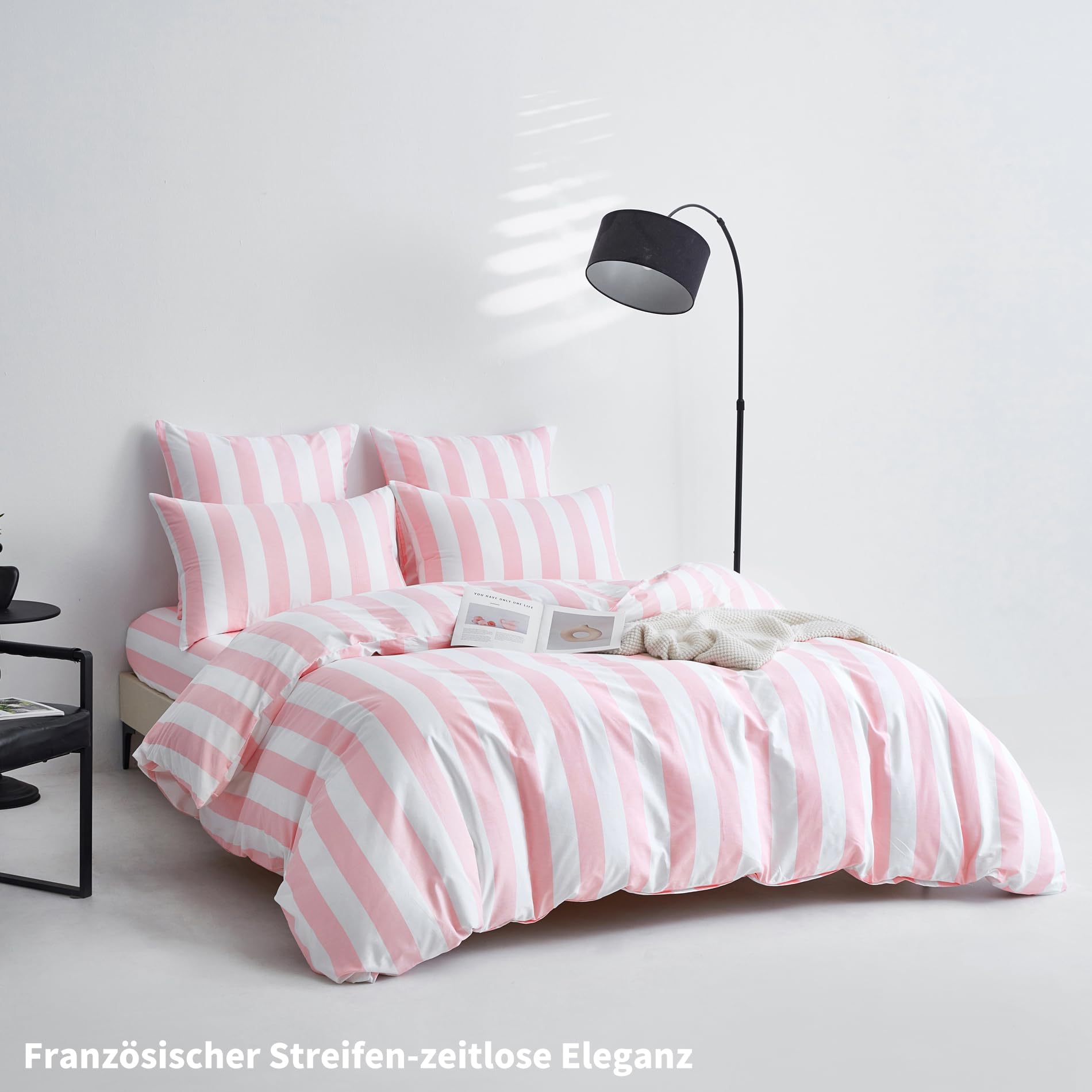 Bettwäsche 200x200 Baumwolle Rosa Weiß Gestreift Bettwäsche Baumwolle Weich Atmungsaktiv Kuschelige Bettbezug Set 3 Teilig mit Reißverschluss und 2 Kissenbezüge 80x80 cm