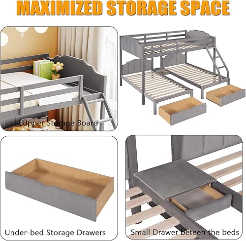 Miniatura 5 de Harper  Bright Designs Literas triples con almacenamiento y barandillas literas de terciopelo matrimonial sobre individual y individual con cajones