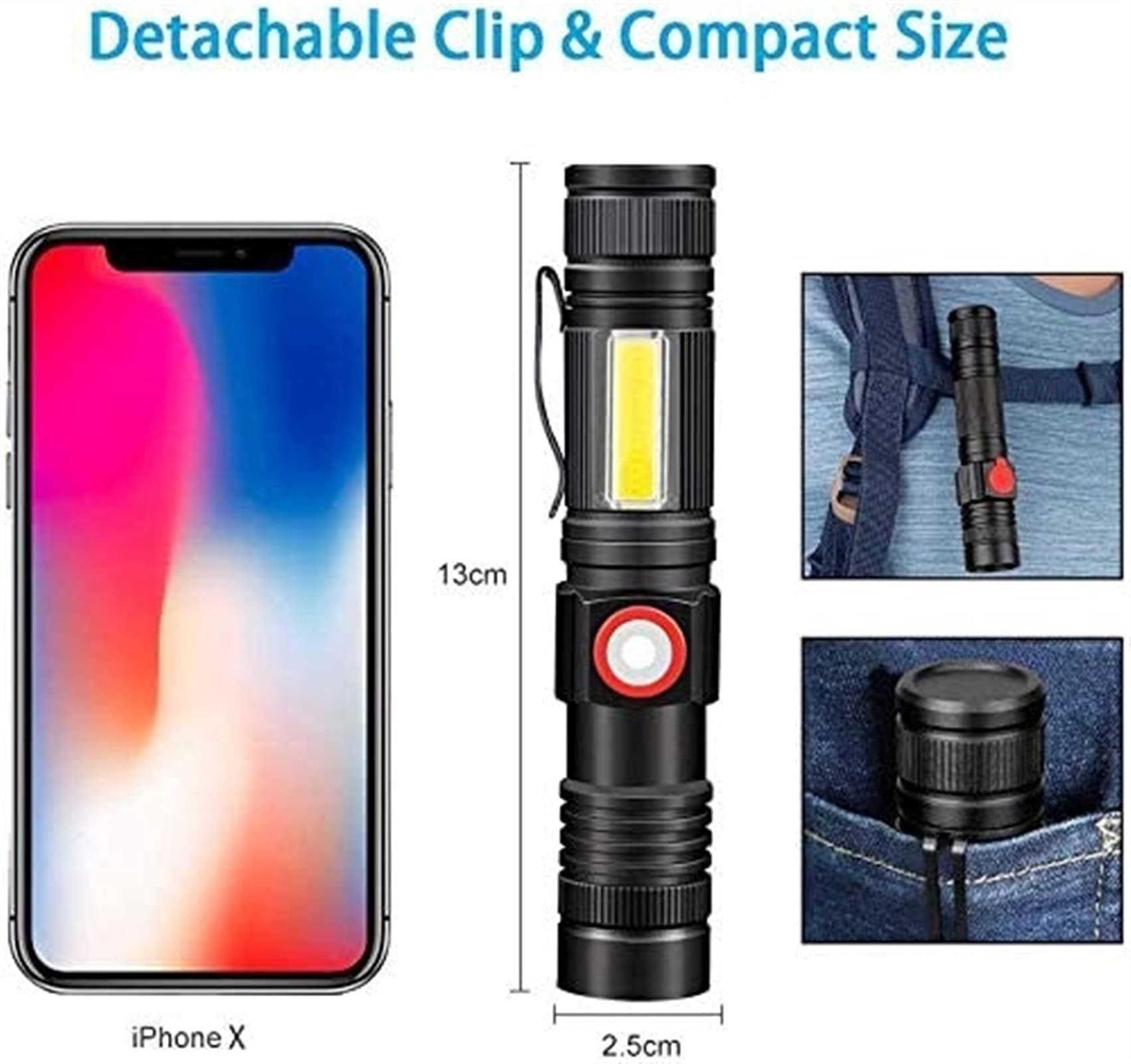 Linterna Recargable por USB, Linterna LED magnética, Linterna táctica LED superbrillante con luz Lateral COB, Impermeable, con Zoom, la Mejor Linterna for Acampar y emergencias.