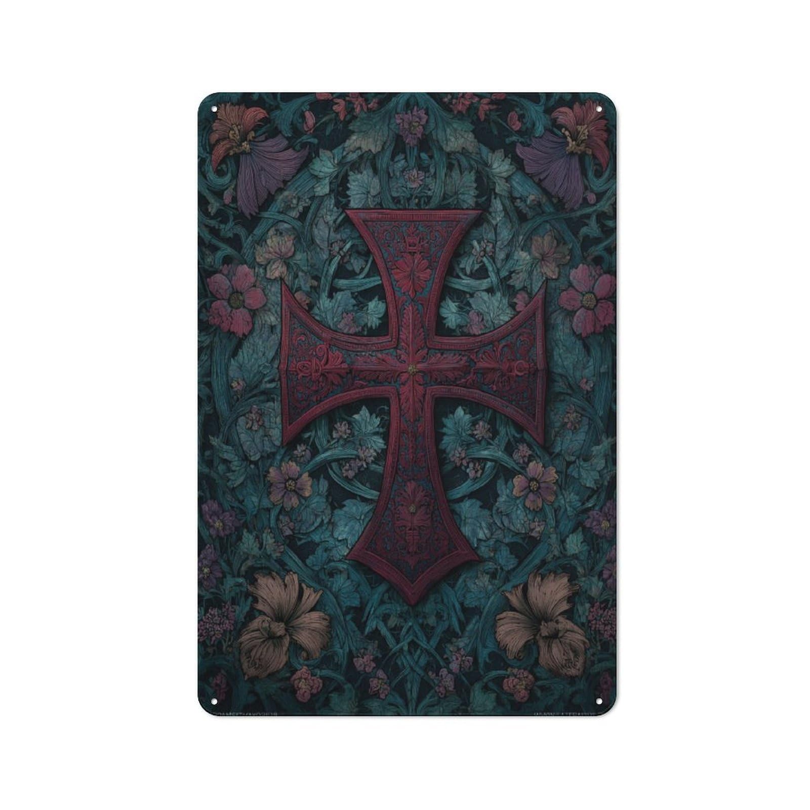 Junmoney Ornate Cross Amidst Floral Tapestry Metal Wall Art Sign 30X20cm, Vintage Vintage Wall Decor For Lounge, Study, Pub Or Wall Gallery