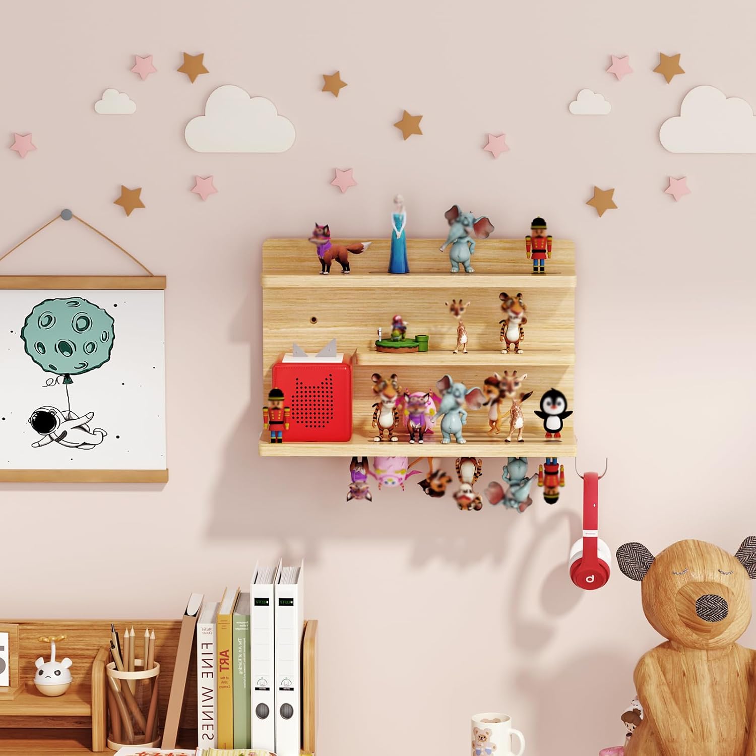 for Tonies Shelf Magnetic - Tonies Figure Organizer for Kids Room, Wooden Magnetic Display Shelf for Tonies Box Holder, Wall Floating Shelves Toy Storage Compatible Charging Station (3 Tier, Wood)