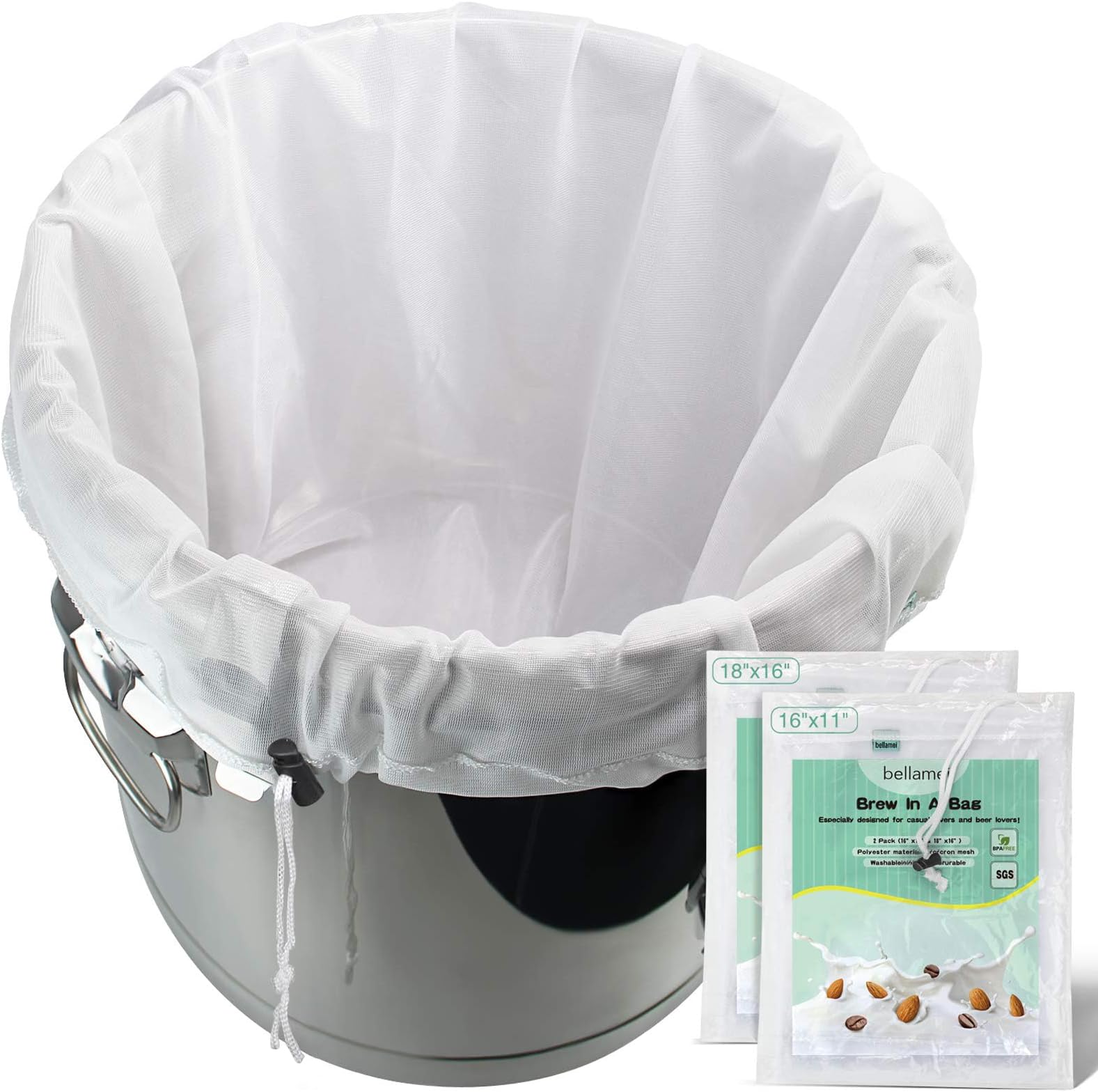 Brew Bags Reusable 2 Pack 250 Micron Fine Mesh Bag for Fruit Cider Apple Grape Wine Press Drawstring Straining Brew in a Bag (2 pack-16"×11"/18"×16")