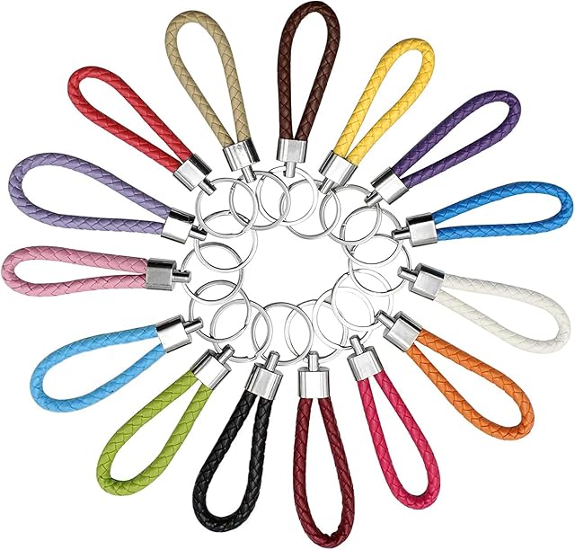 DFsucces 15 PCS Braided Leather Keychain Solid Color Metal Keyring 15 Colors Handmade for Car Key Chains Bag Pendant for DIY Bag Pendant (Unisex)
