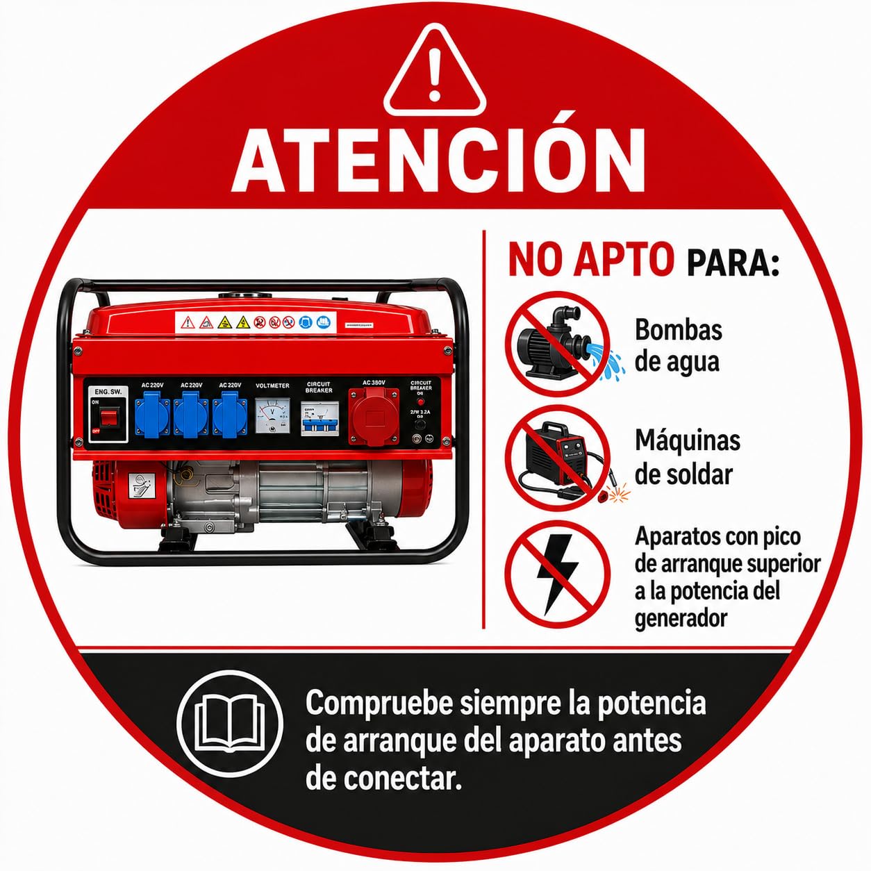 SVE Generador Eléctrico Gasolina 15L 5500W 230/380V 4 ENCHUFES (2500W Trifásico 3000W Monofásico) Motor 4 Tiempos