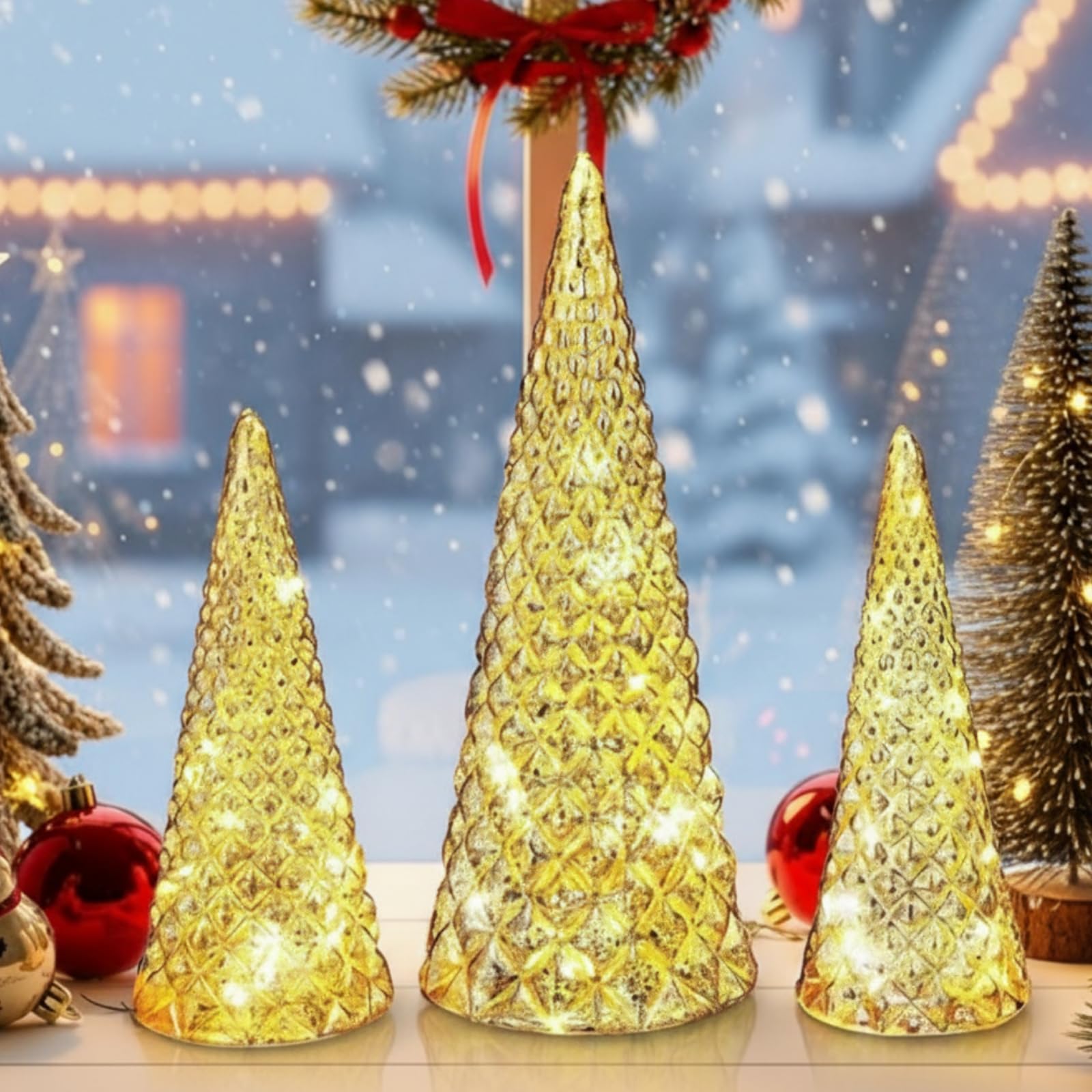 Sapins de Noël en verre mercure argenté avec lumière lot de 3