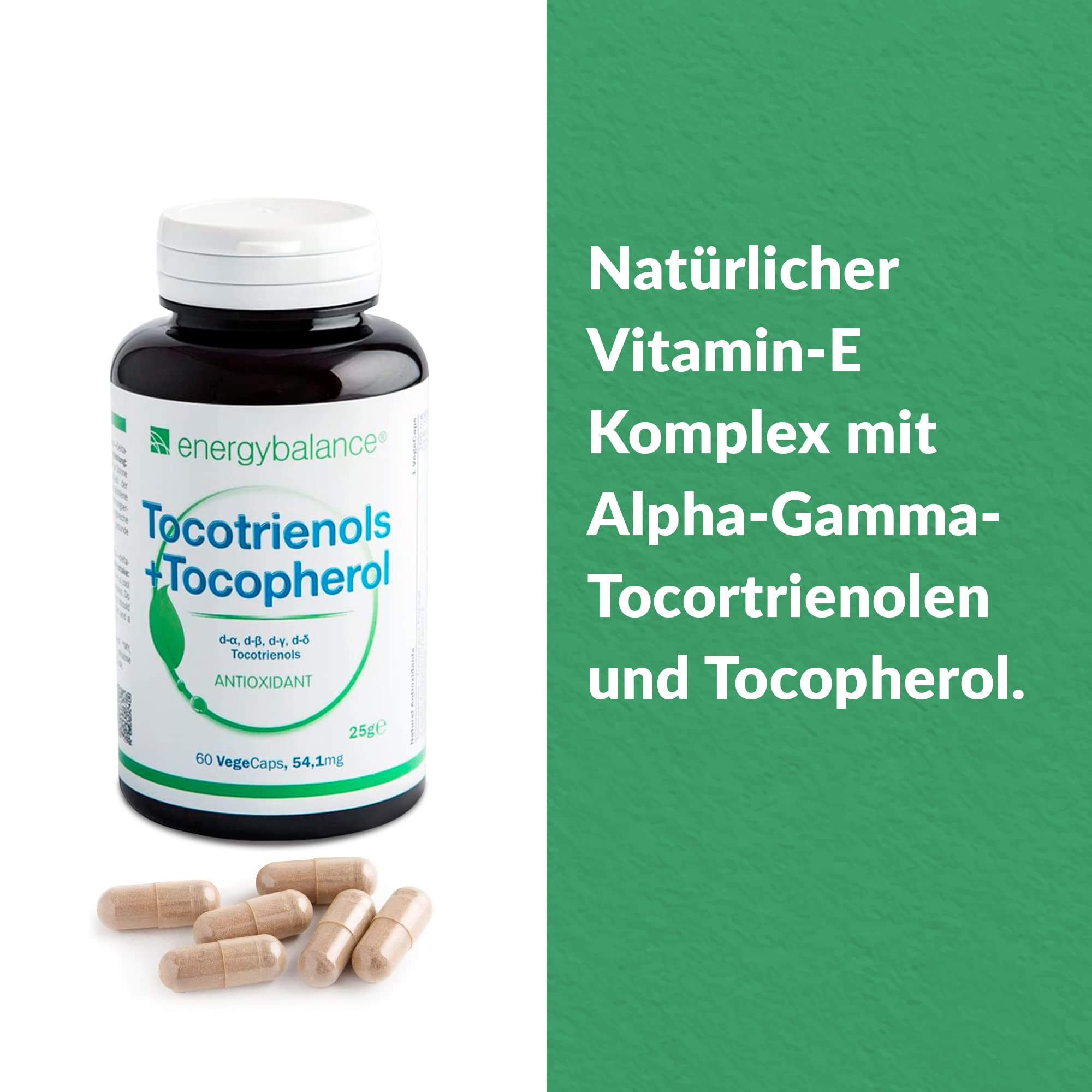 EnergyBalance Tocotrienol alpha-gamma - 4 Tocopherole in 1 Kapseln mit Antioxidantien - Natürlicher Vitamin E Komplex - Vegan, ohne Zusätze - 60 VegeCaps à 54,1mg